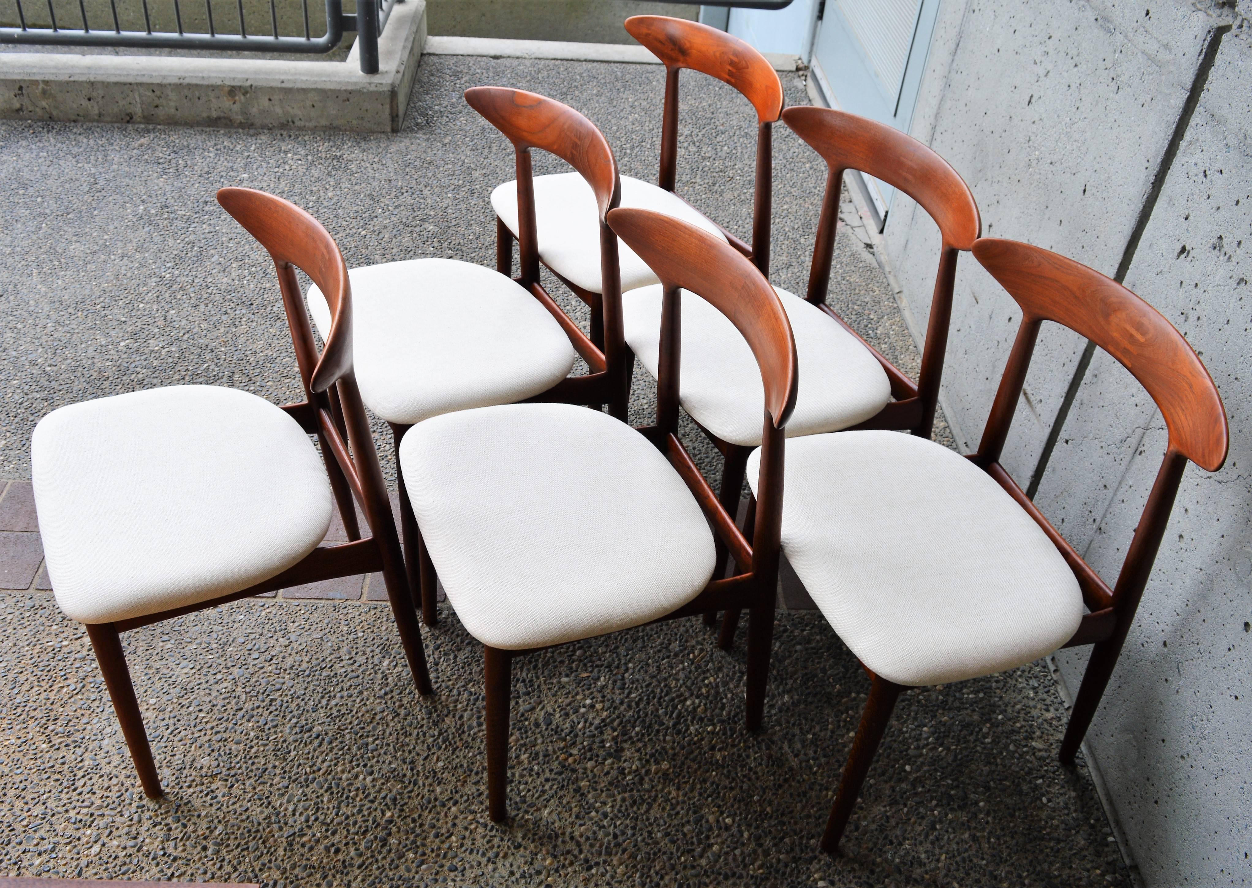 Danish Set of Six Kurt Ostervig Inlaid Solid Teak Curved Back Dining Chairs, Denmark