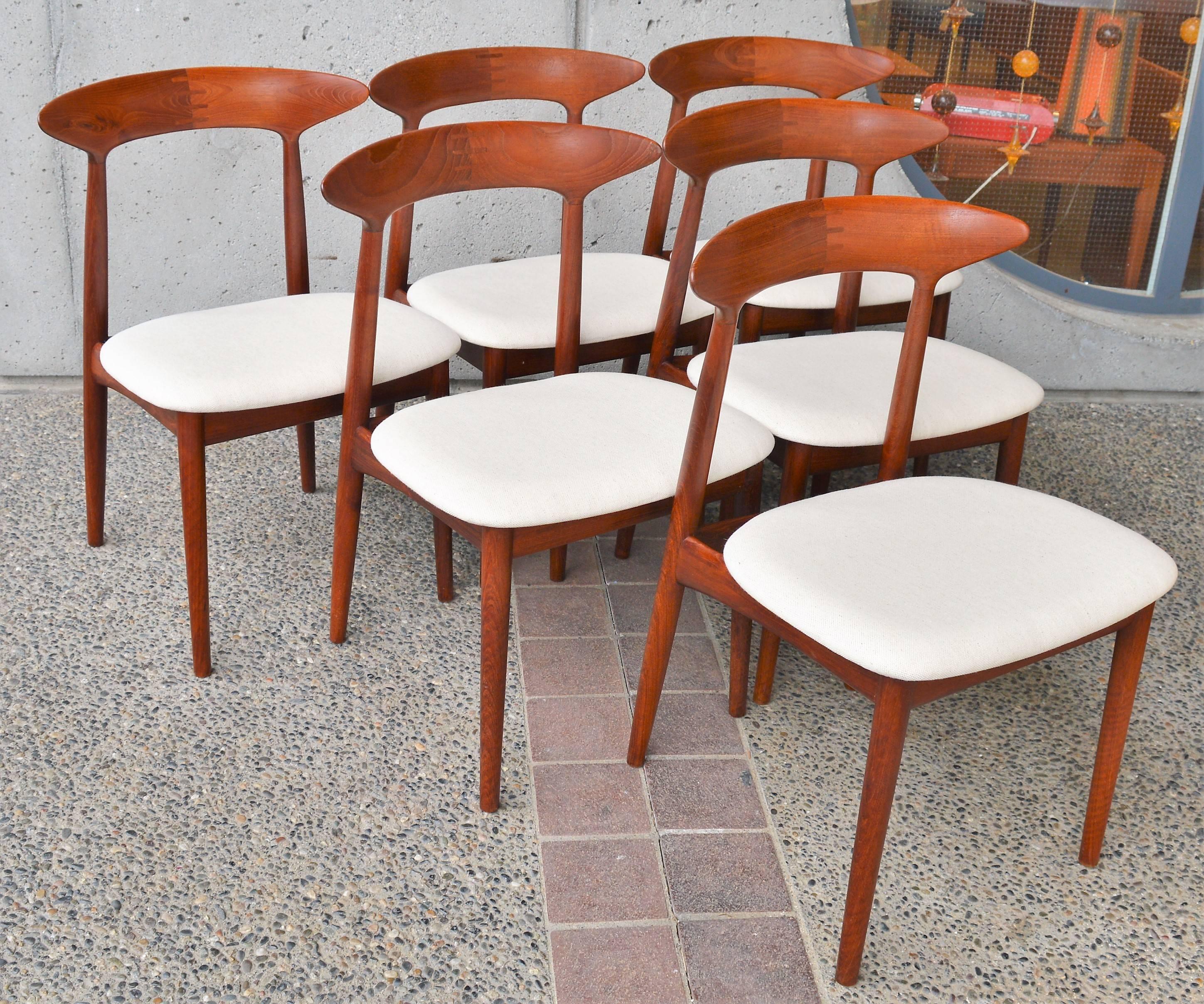 Upholstery Set of Six Kurt Ostervig Inlaid Solid Teak Curved Back Dining Chairs, Denmark
