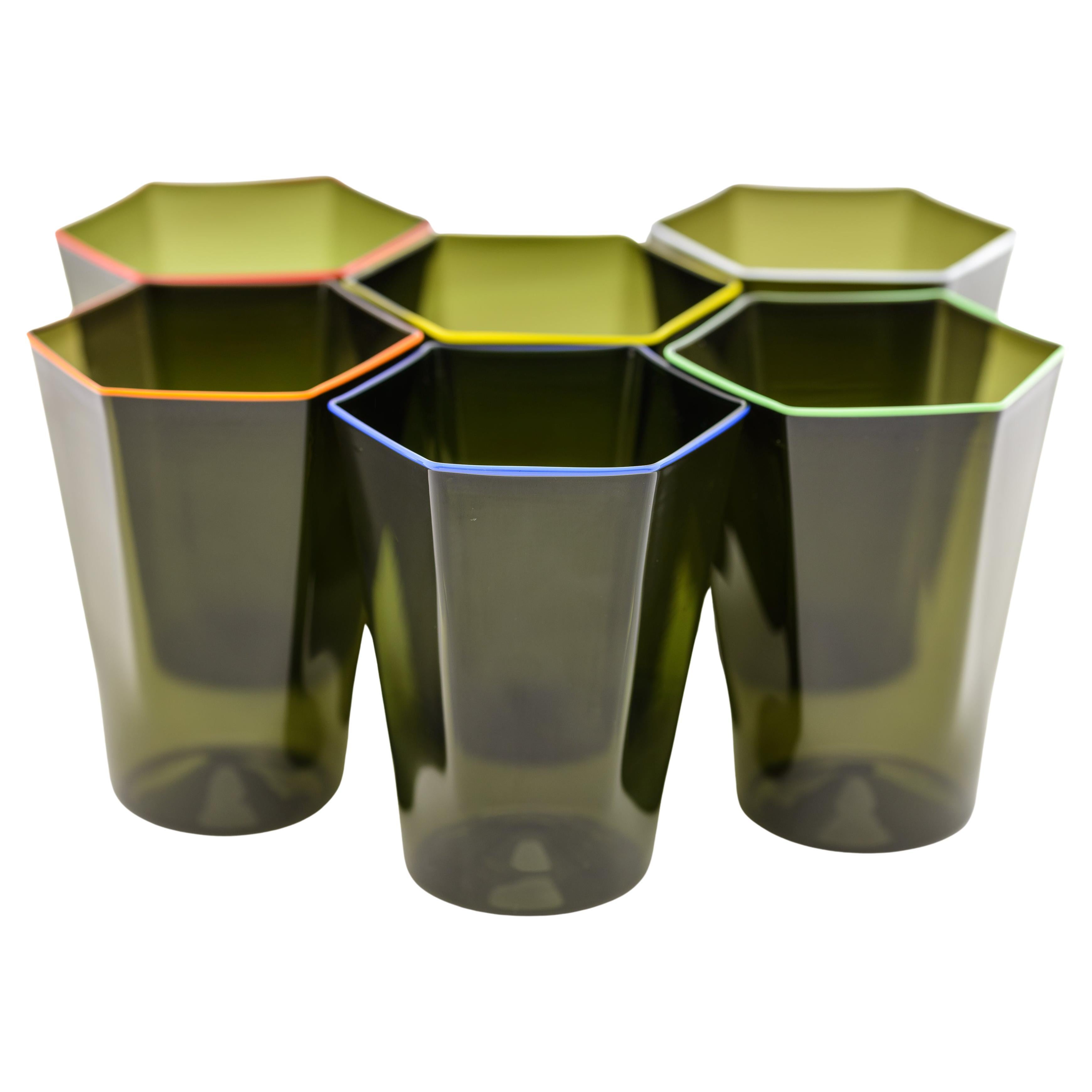 Set of 6 LAGUNA glasses with rims in different colors, by Giberto Venezia