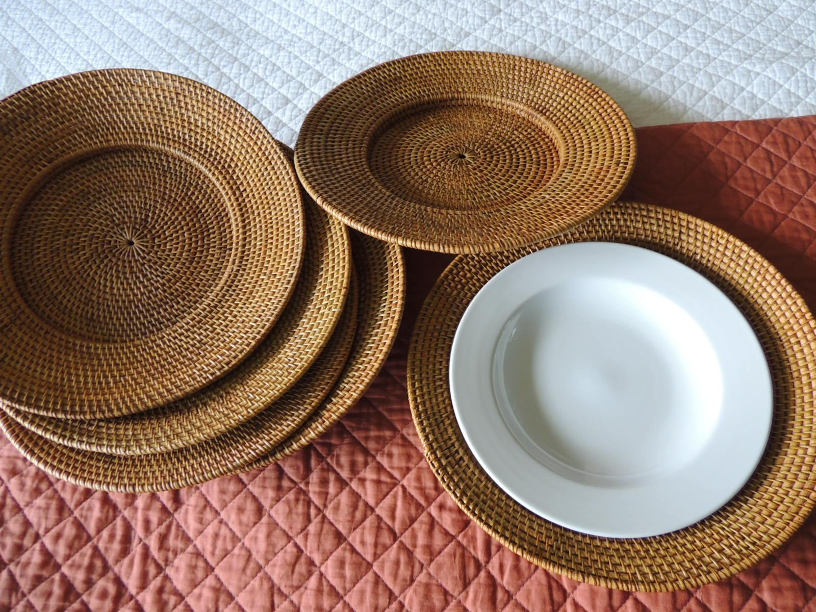 Asian Set of '6' Large Deep Dish Rattan Woven Plate Chargers
