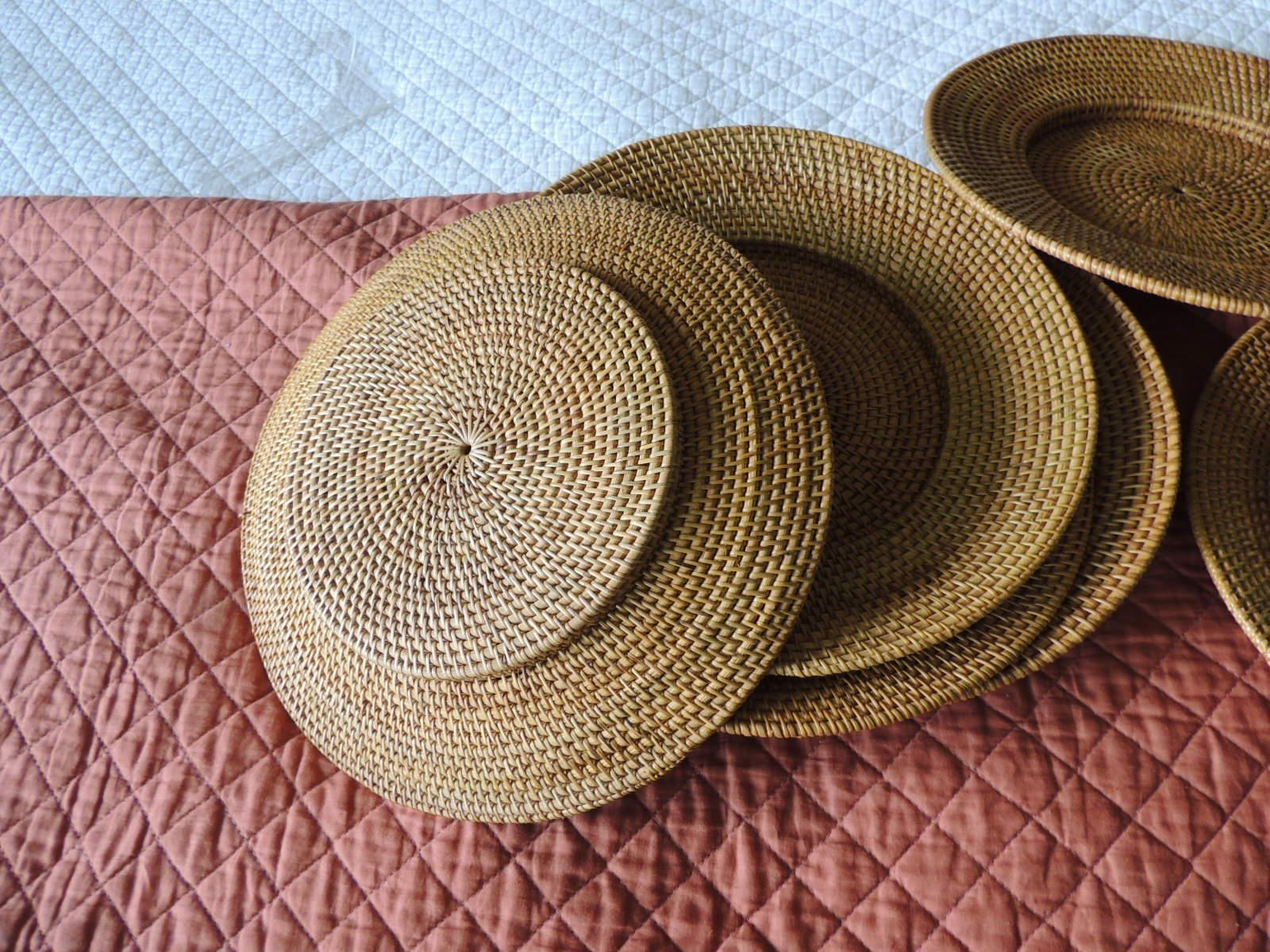 Set of '6' Large Deep Dish Rattan Woven Plate Chargers In Good Condition In Oakland Park, FL