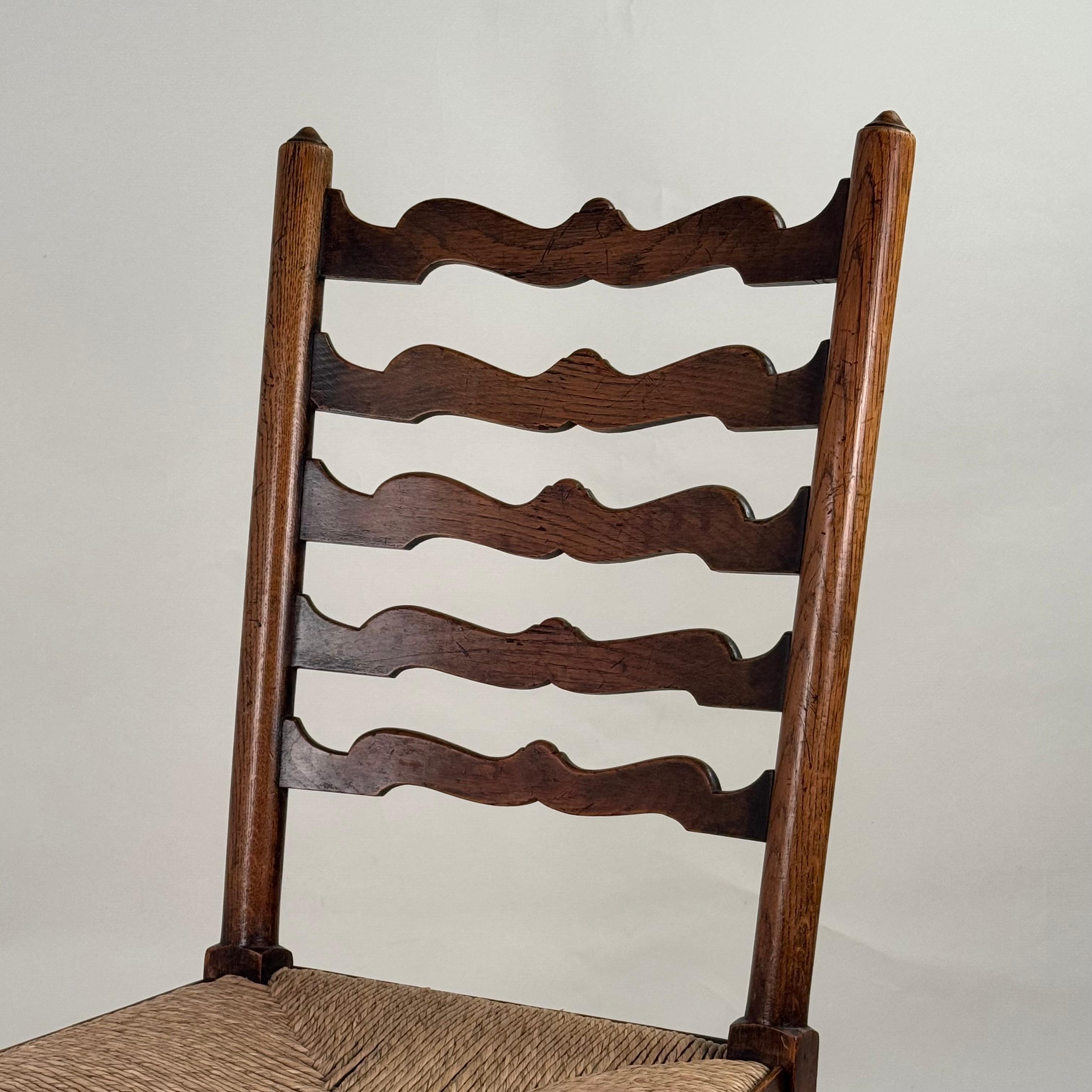 Set of 6 Large English Ladder Back Oak and Rush Dining Chairs For Sale 3