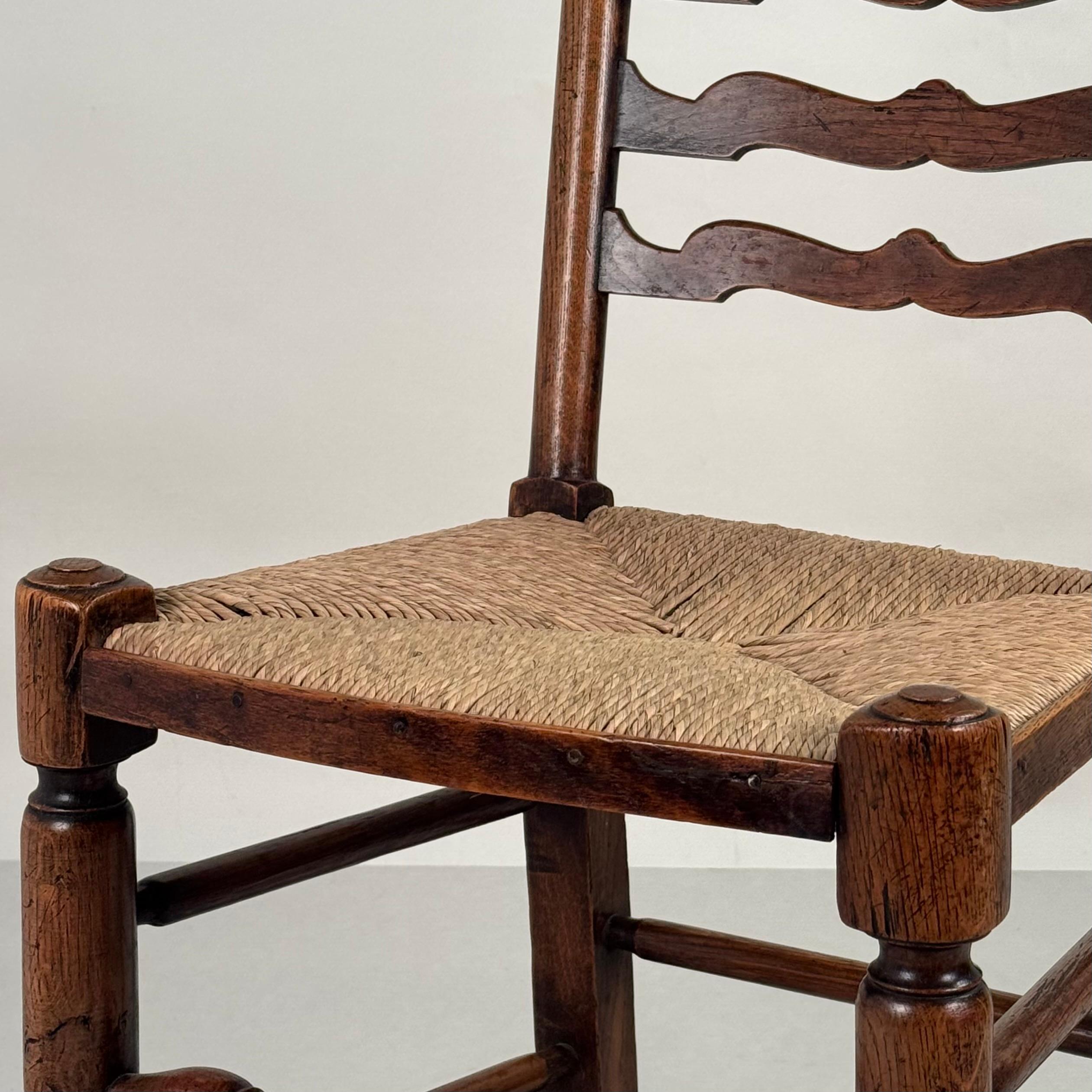 Set of 6 Large English Ladder Back Oak and Rush Dining Chairs For Sale 4