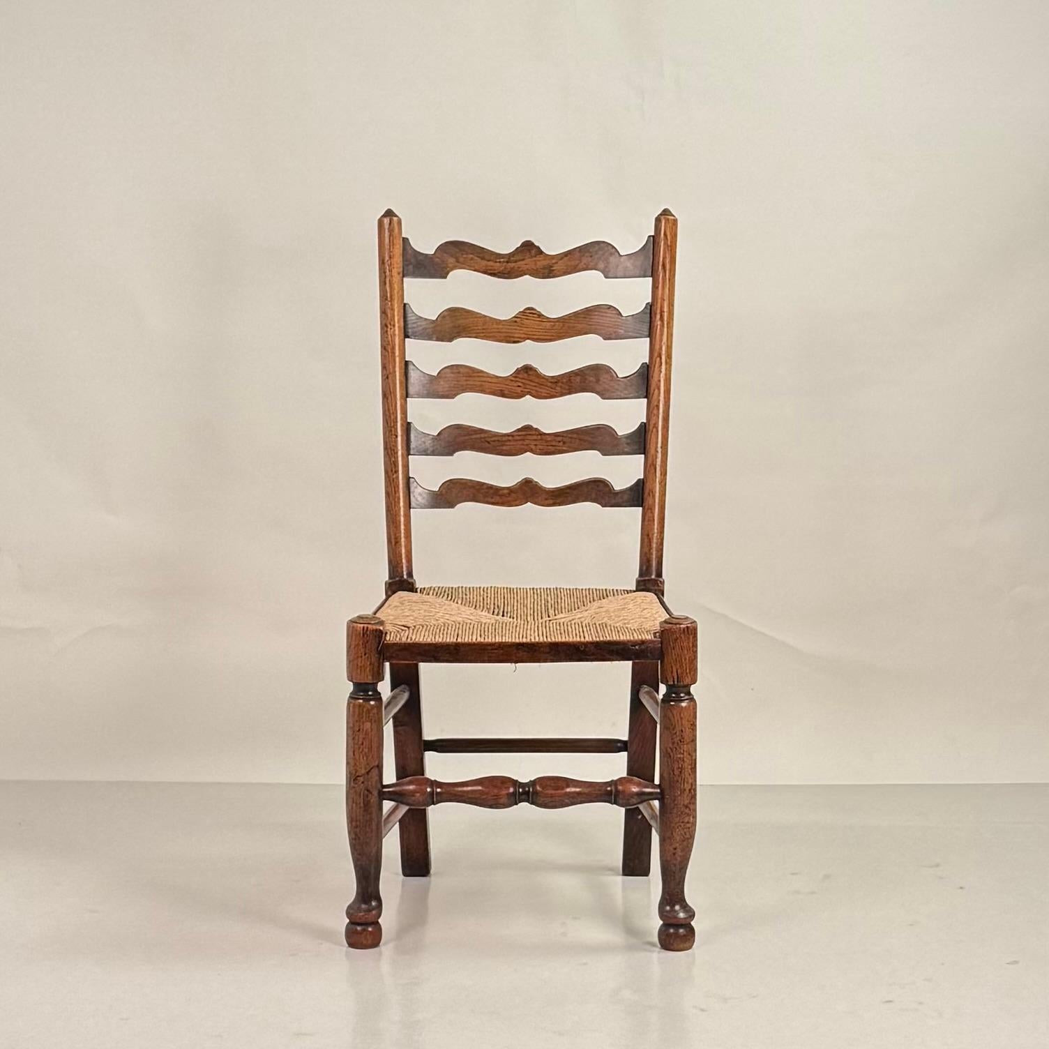 Georgian Set of 6 Large English Ladder Back Oak and Rush Dining Chairs For Sale