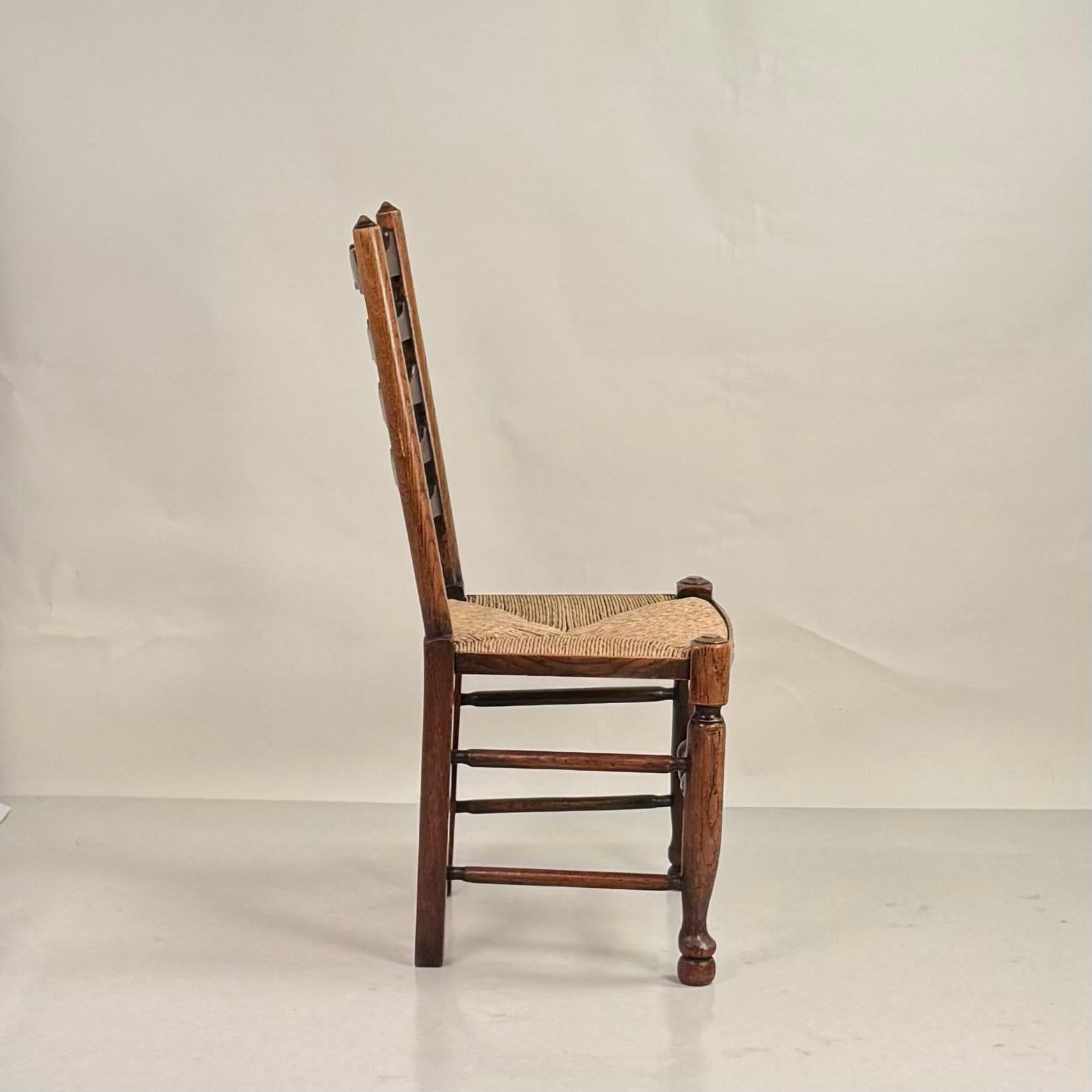 Polished Set of 6 Large English Ladder Back Oak and Rush Dining Chairs For Sale