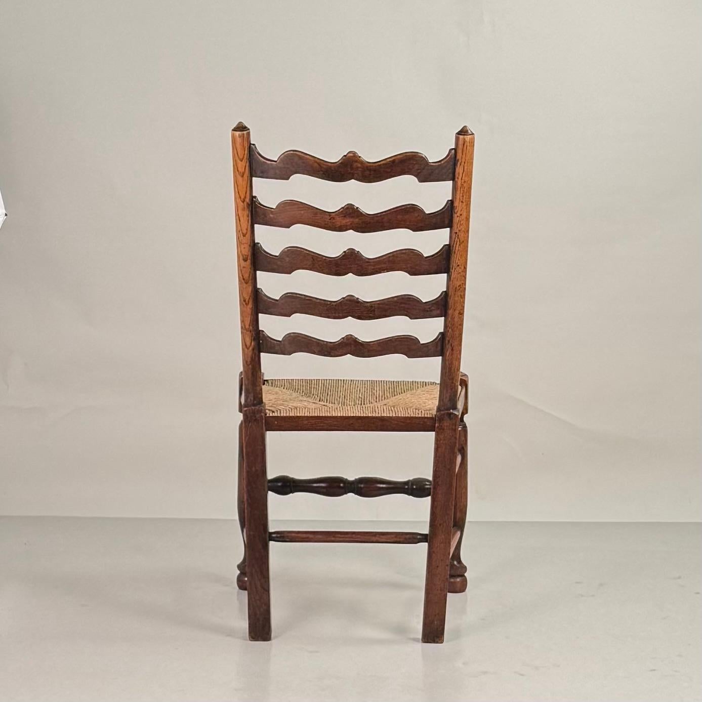 19th Century Set of 6 Large English Ladder Back Oak and Rush Dining Chairs For Sale