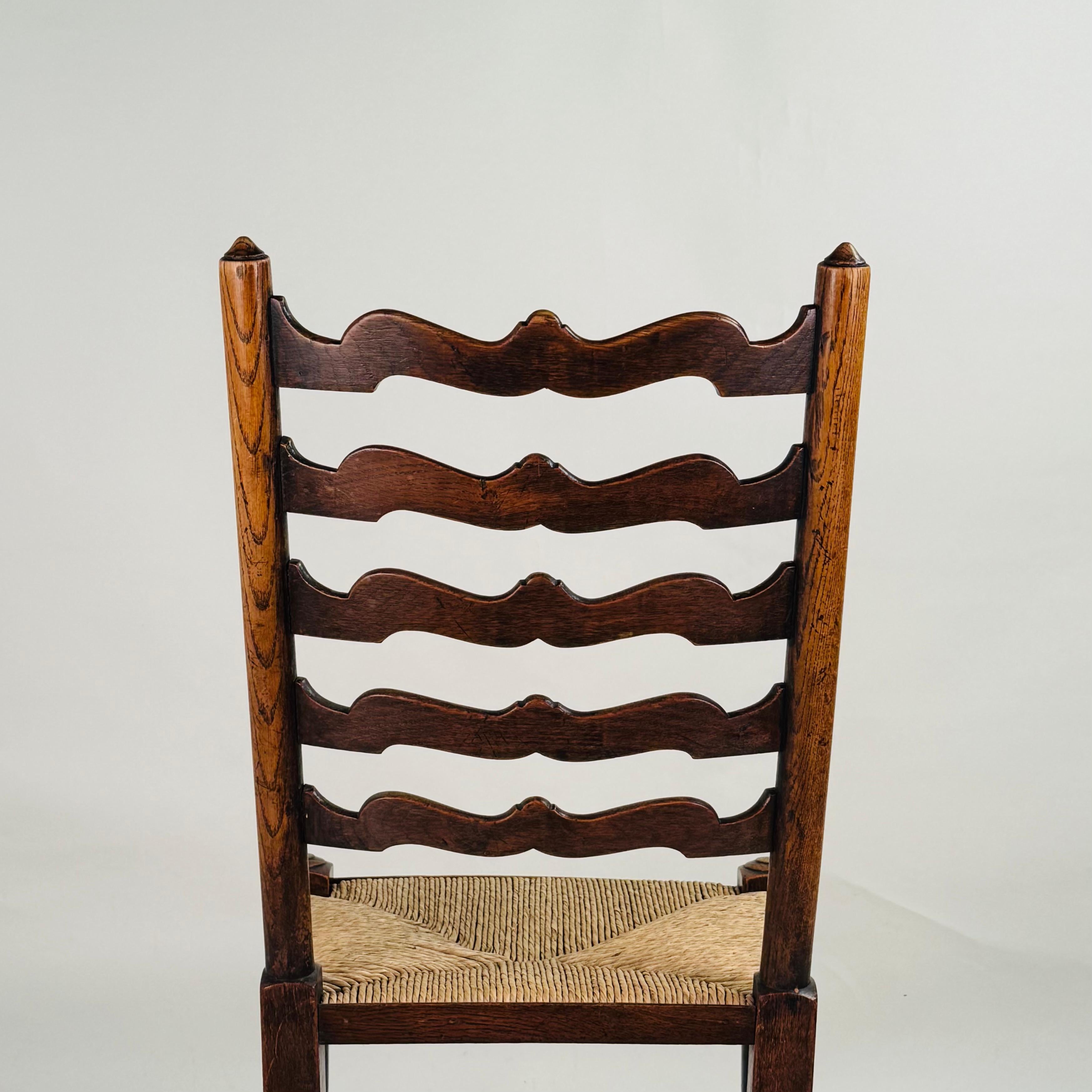 Set of 6 Large English Ladder Back Oak and Rush Dining Chairs For Sale 1