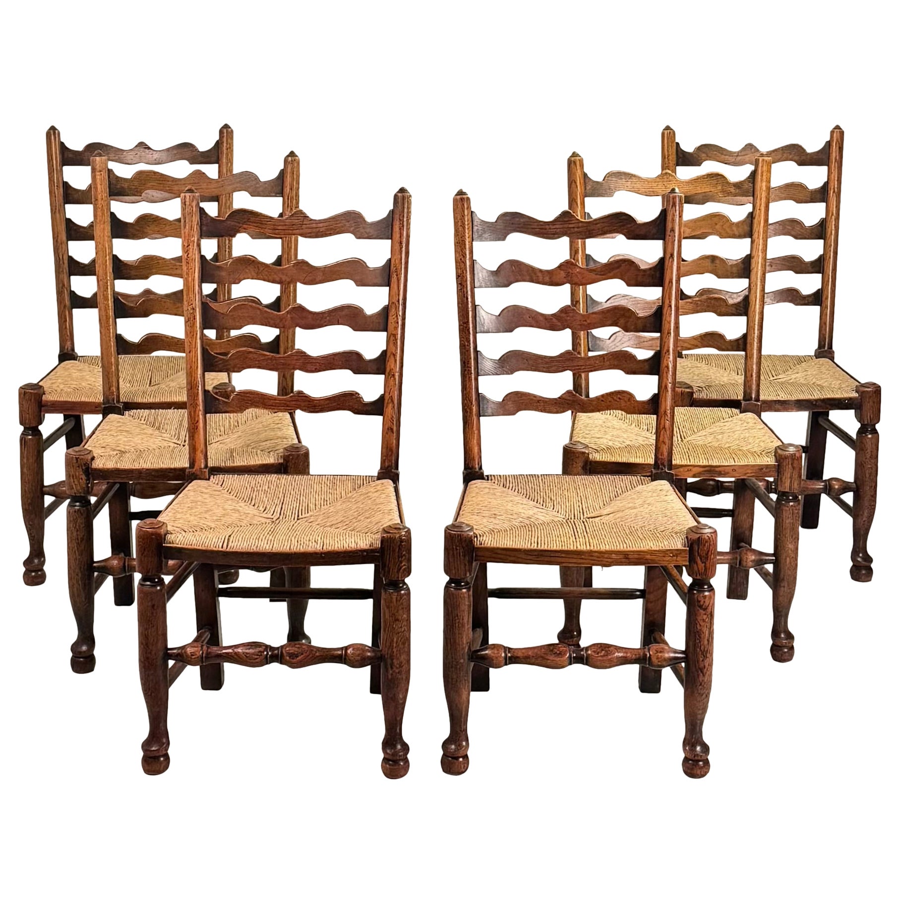 Set of 6 Large English Ladder Back Oak and Rush Dining Chairs For Sale