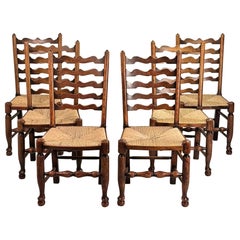Set of 6 Large English Ladder Back Oak and Rush Dining Chairs