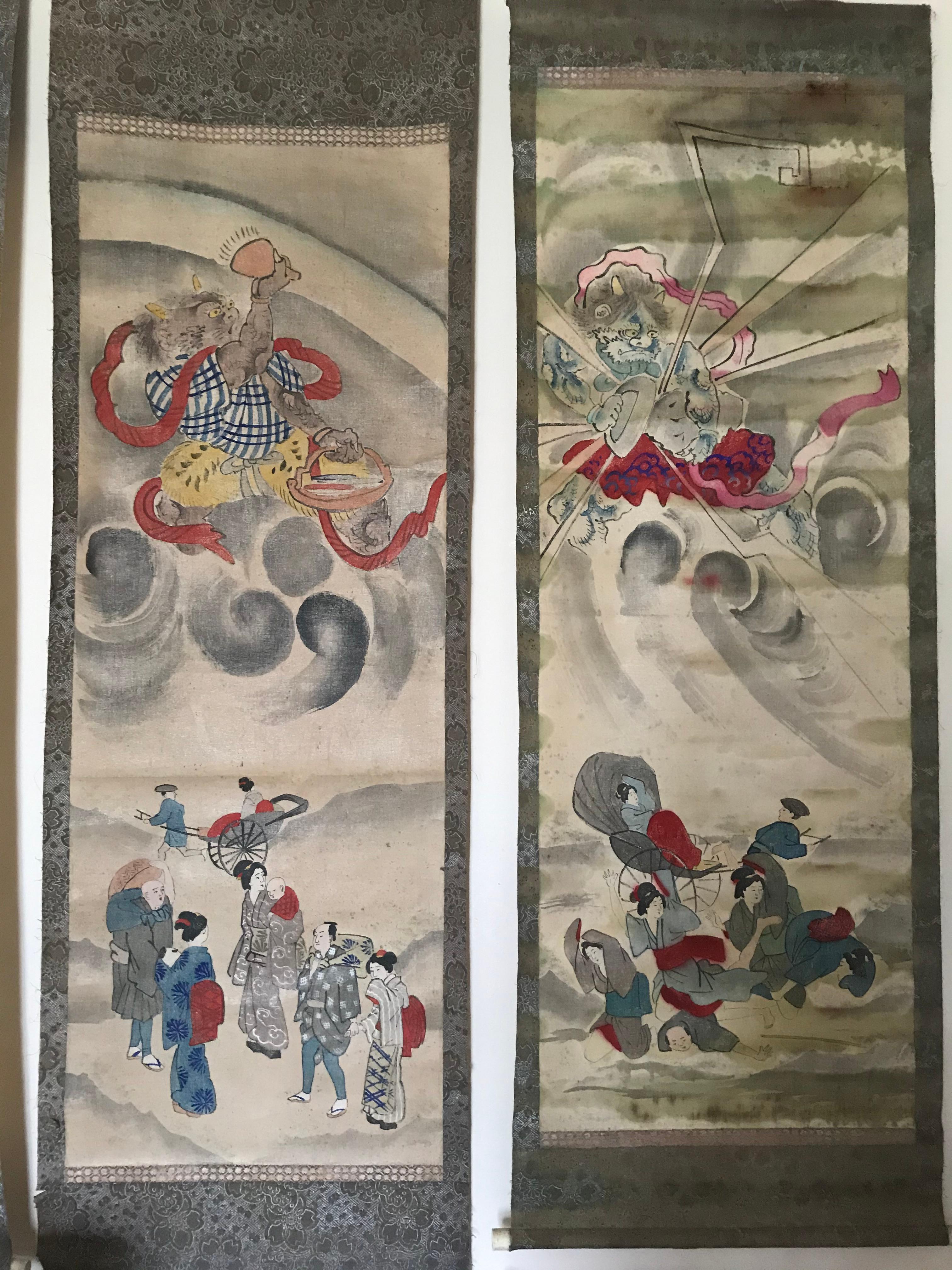 Peint Ensemble de 6 grands Kakemonos Mythologie japonaise, 19ème siècle Japon circa 1800 Edo en vente
