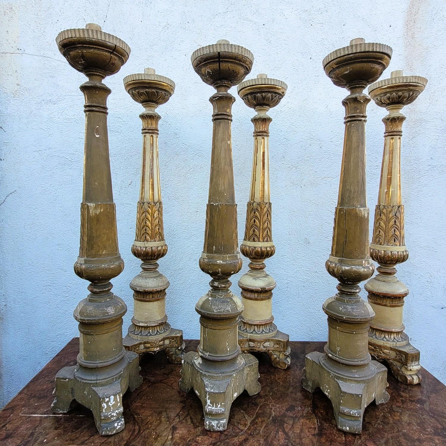 Set Of 6 Large Lacquered And Gilded Wooden Candlesticks, Early 19th Century en vente 3