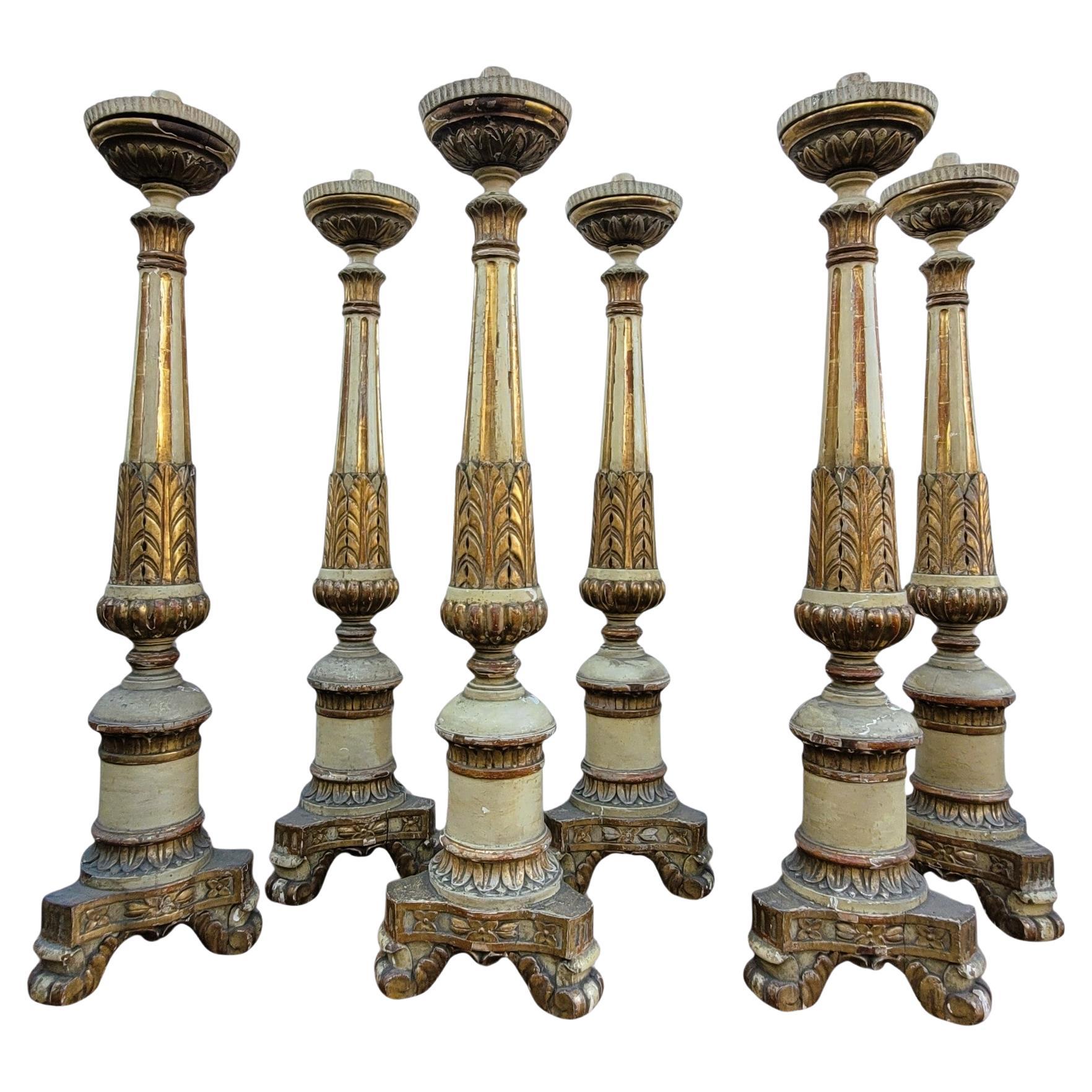 Set Of 6 Large Lacquered And Gilded Wooden Candlesticks, Early 19th Century