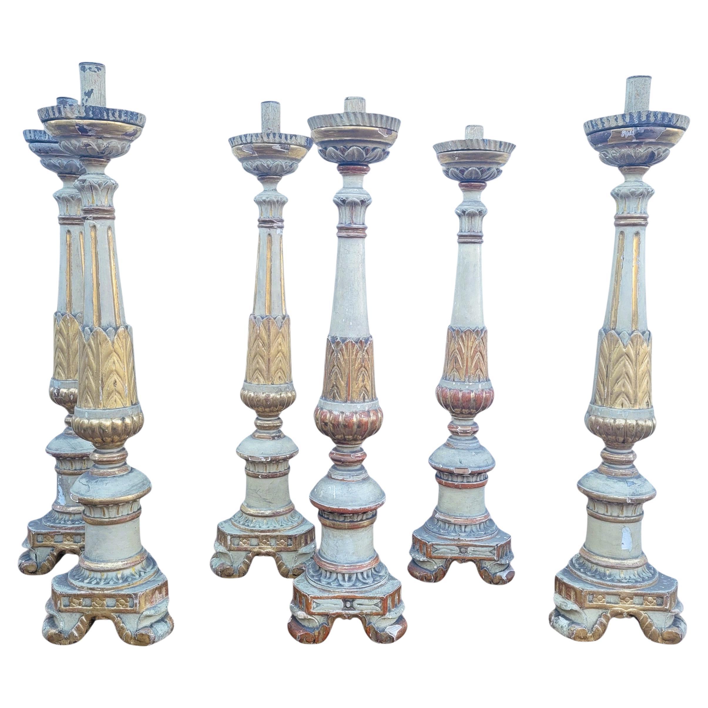 Set Of 6 Large Lacquered And Gilded Wooden Candlesticks, Early 19th Century