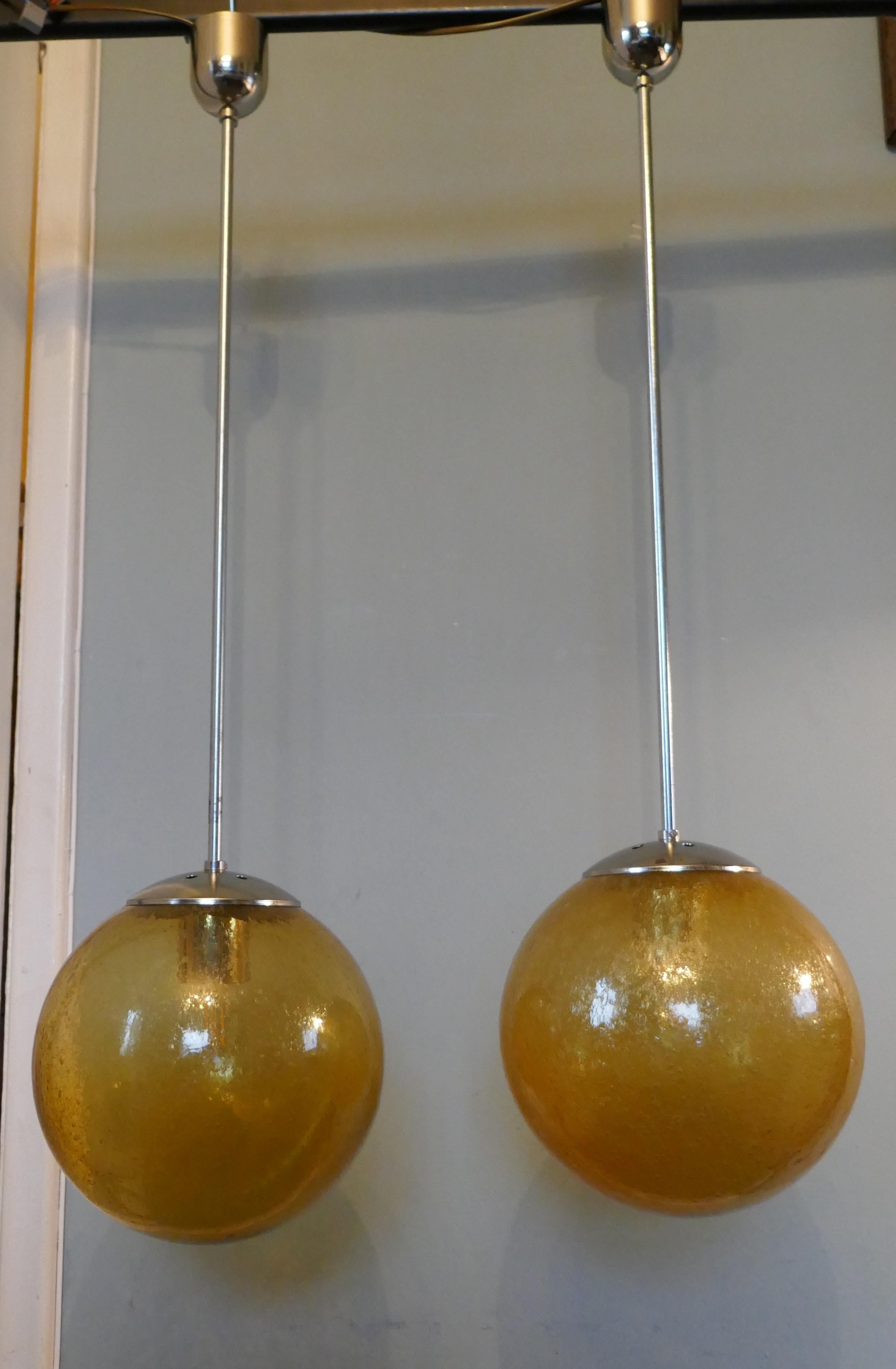 Mid-20th Century Set of 6 Large Retro Amber Globe and Chrome Lights