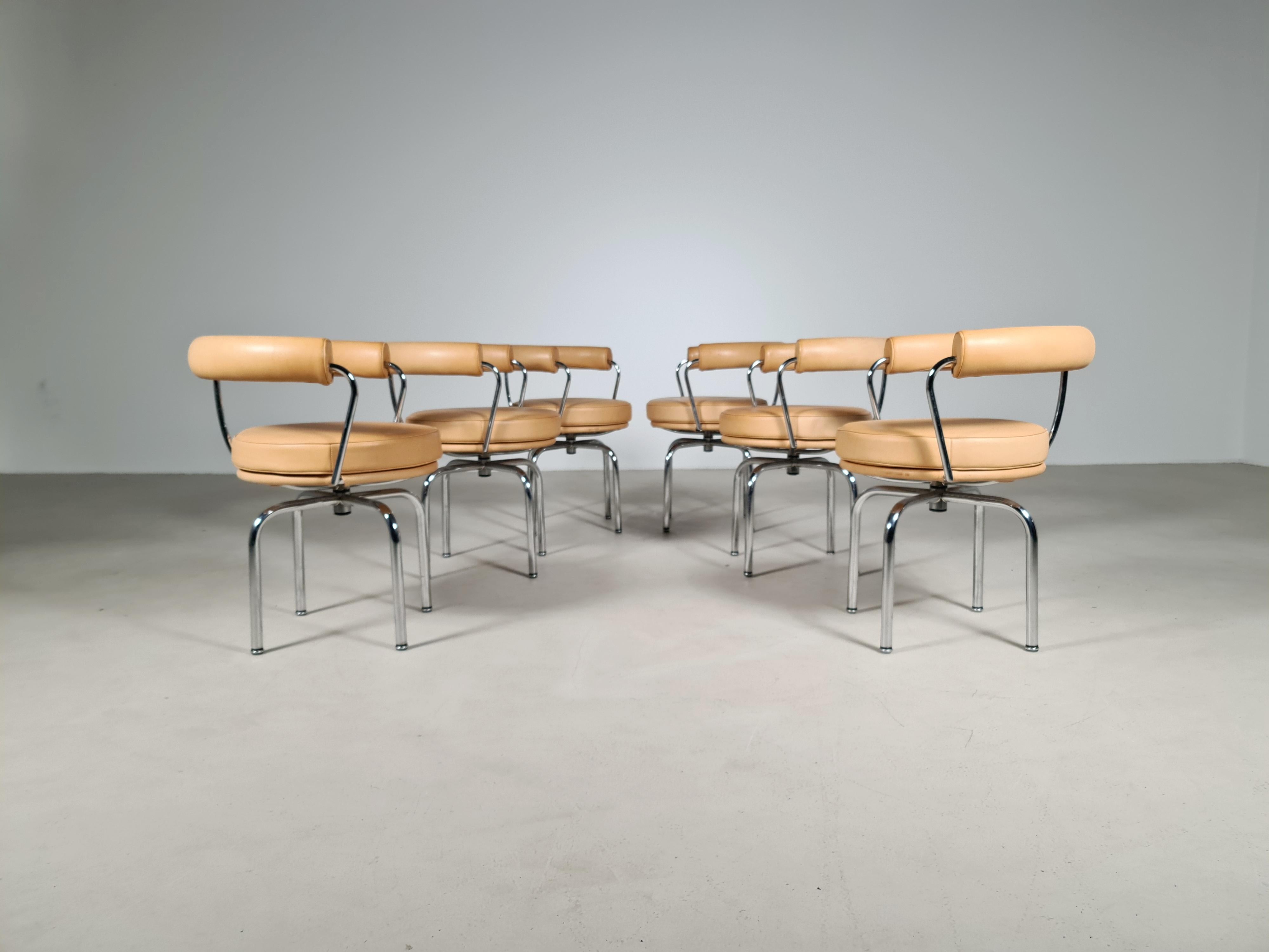 Stainless Steel Set of 6 Lc7 Swivel Chairs by Charlotte Perriand for Cassina, 1990s