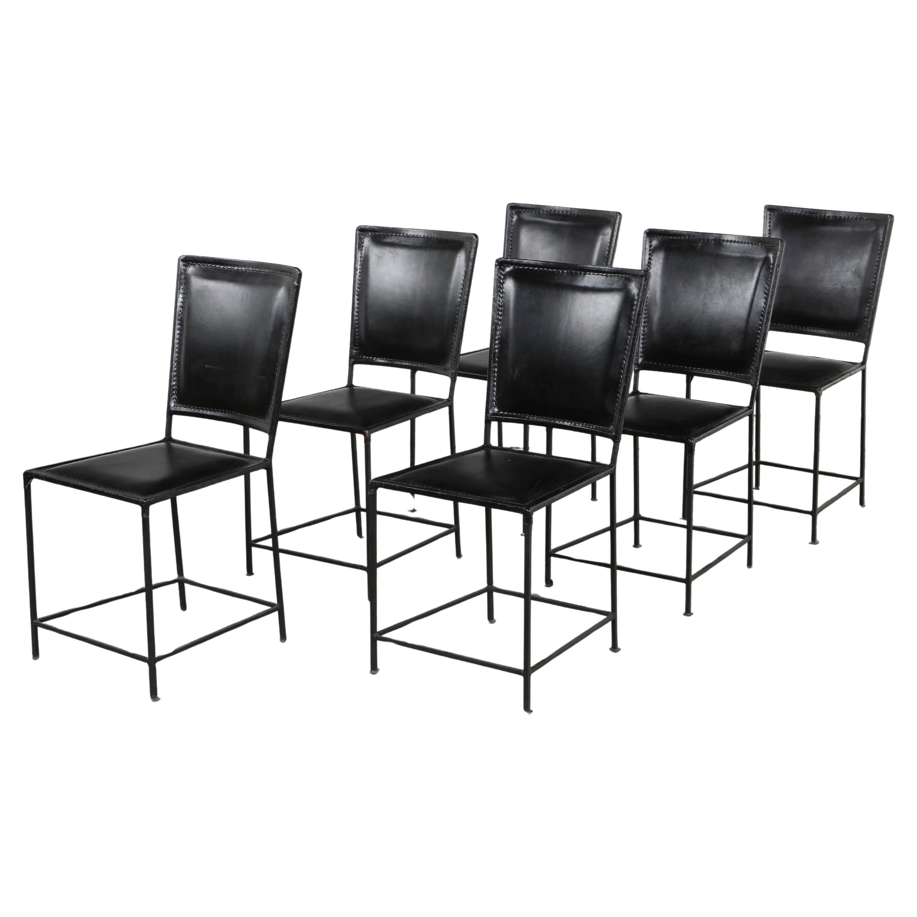 Set of 6 Leather and Iron Vintage Italian Dining Chairs 1970s For Sale