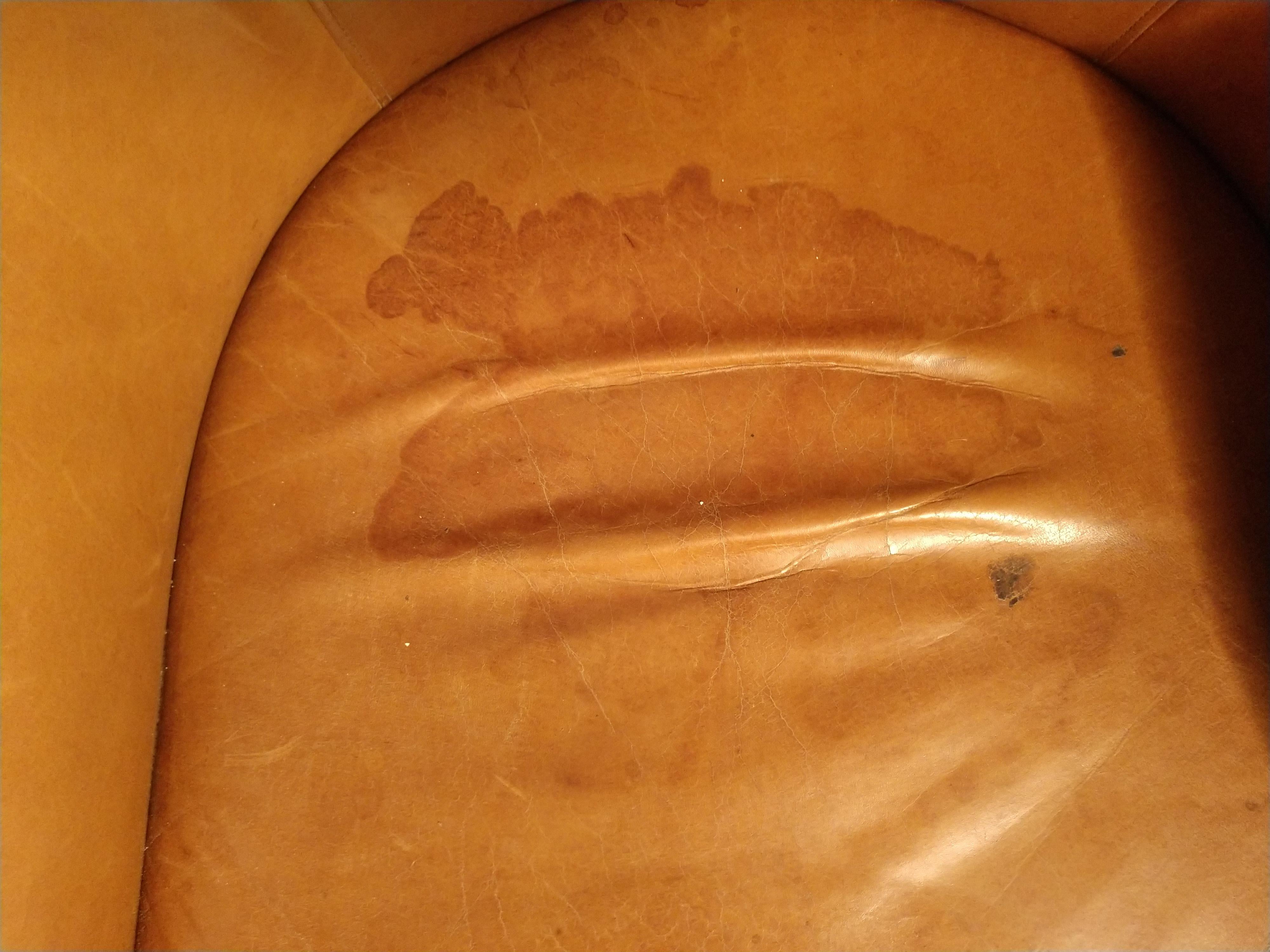 Brass Set of 6 Leather and Walnut Barrel Back Lounge Dining Chairs