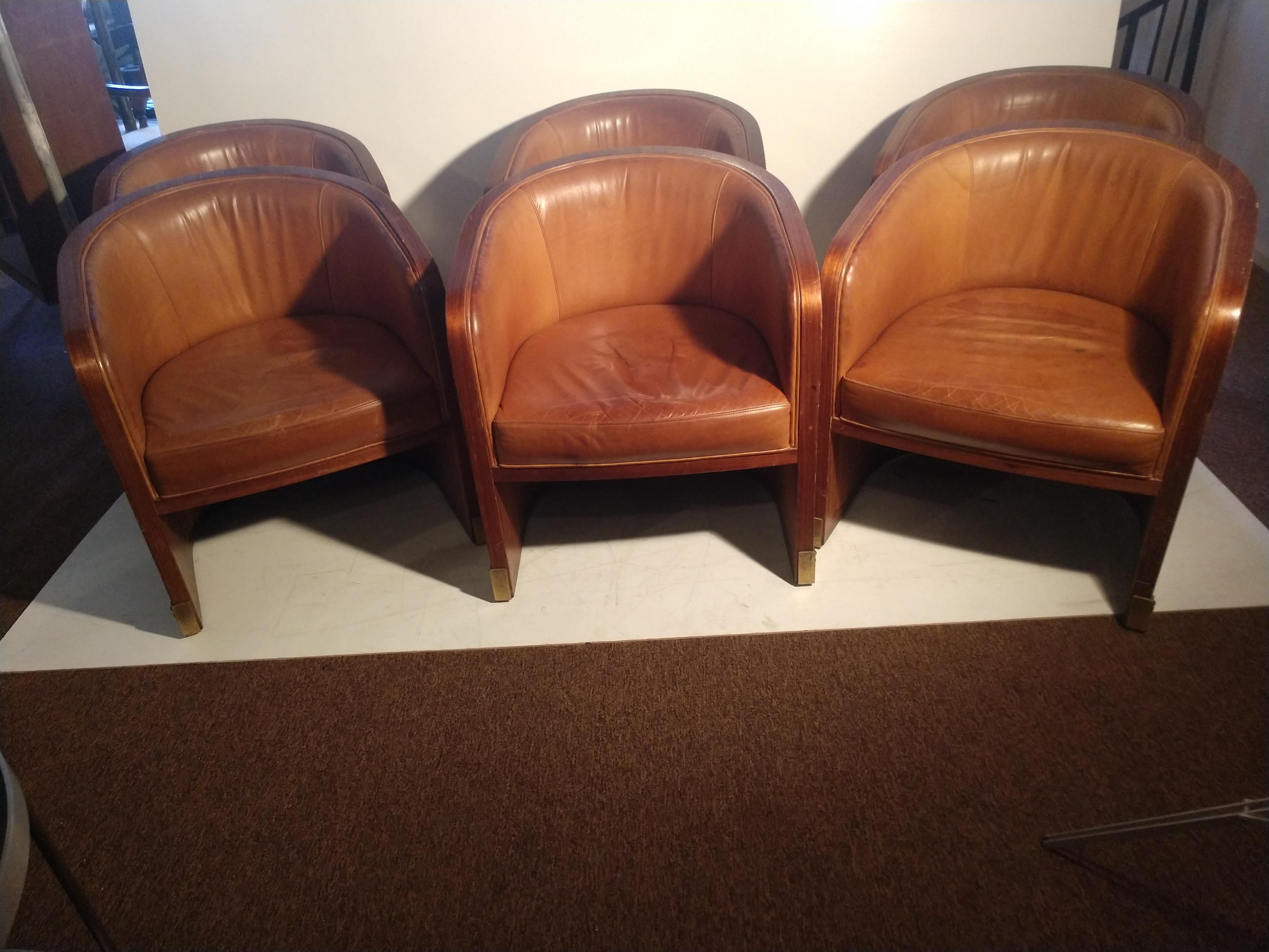 Set of 6 Leather and Walnut Barrel Back Lounge Dining Chairs 1