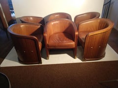 Set of 6 Leather and Walnut Barrel Back Lounge Dining Chairs
