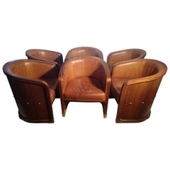 Set of 6 Leather and Walnut Barrel Back Lounge Dining Chairs