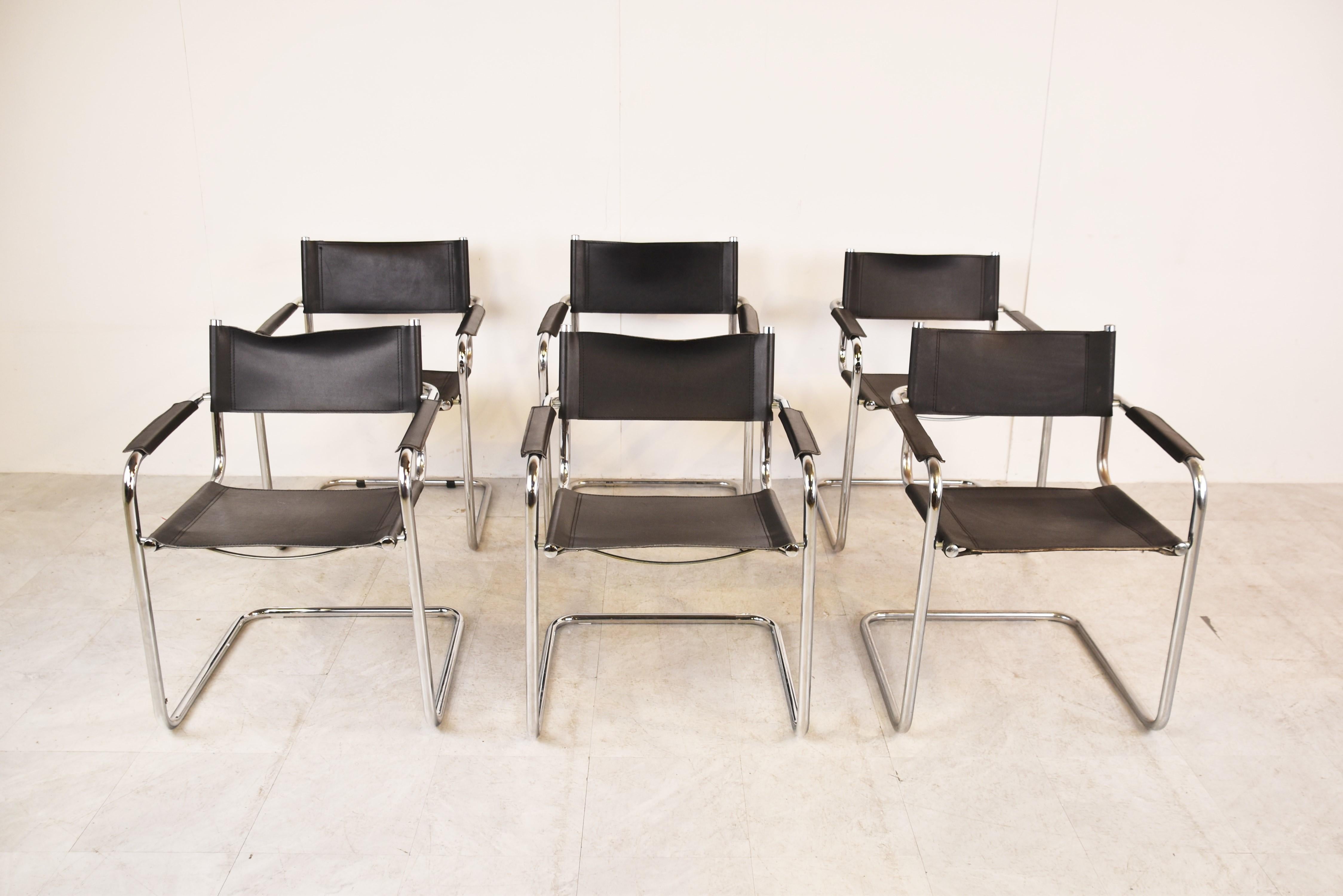 Set of 6 cantilever bauhaus design chairs after Mart Stam/Marcel Breuer.

They have black sling leather upholstery on a chromed metal frame

Good overall condition with normal age related wear.

1970s - Italy

Dimensions:

Height: 78cm/30.70