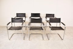 Set of 6 Leather Cantilever Dining Chairs, 1970s