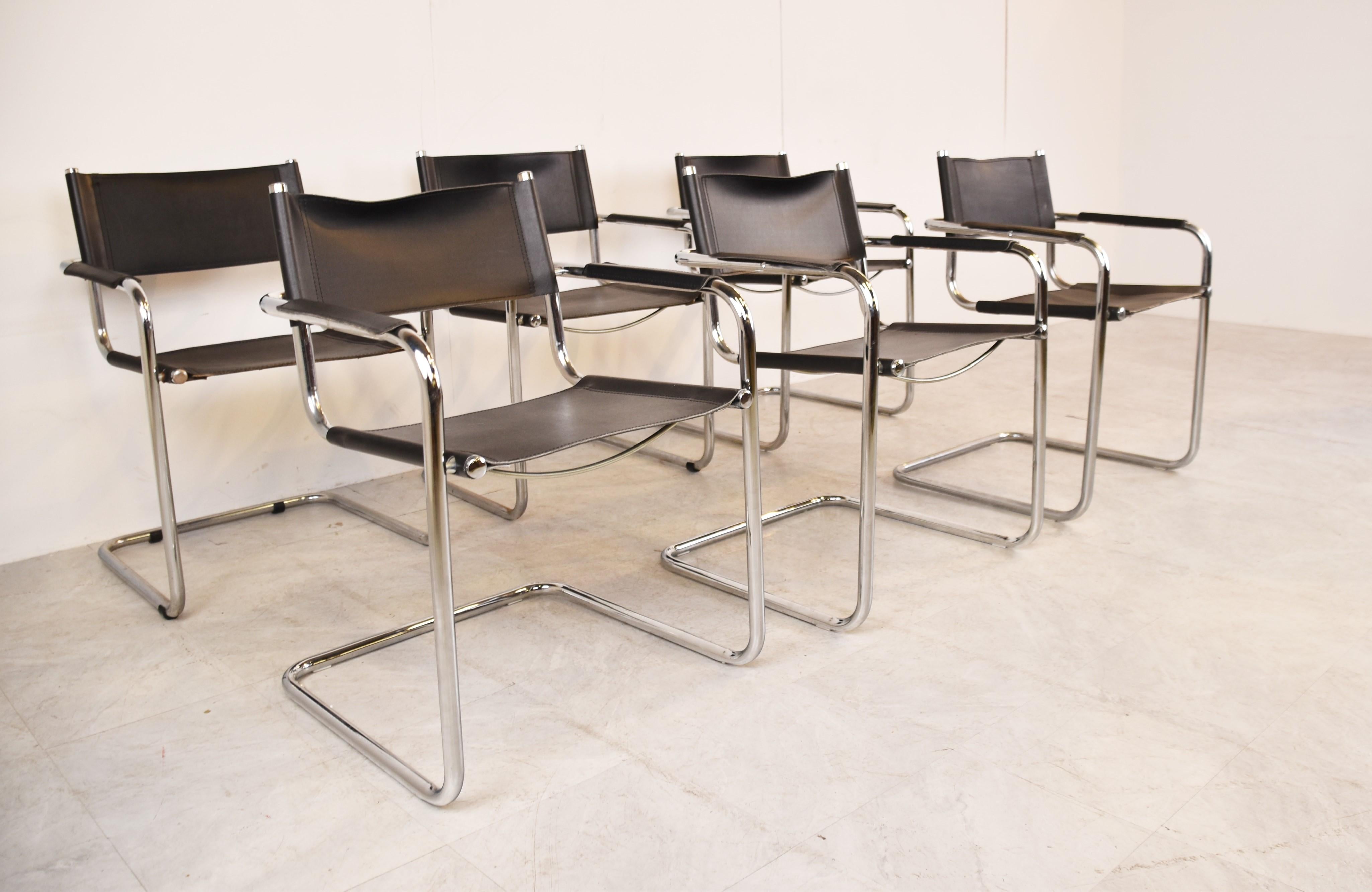 Bauhaus Set of 6 Leather Cantilever Dining Chairs, 1970s