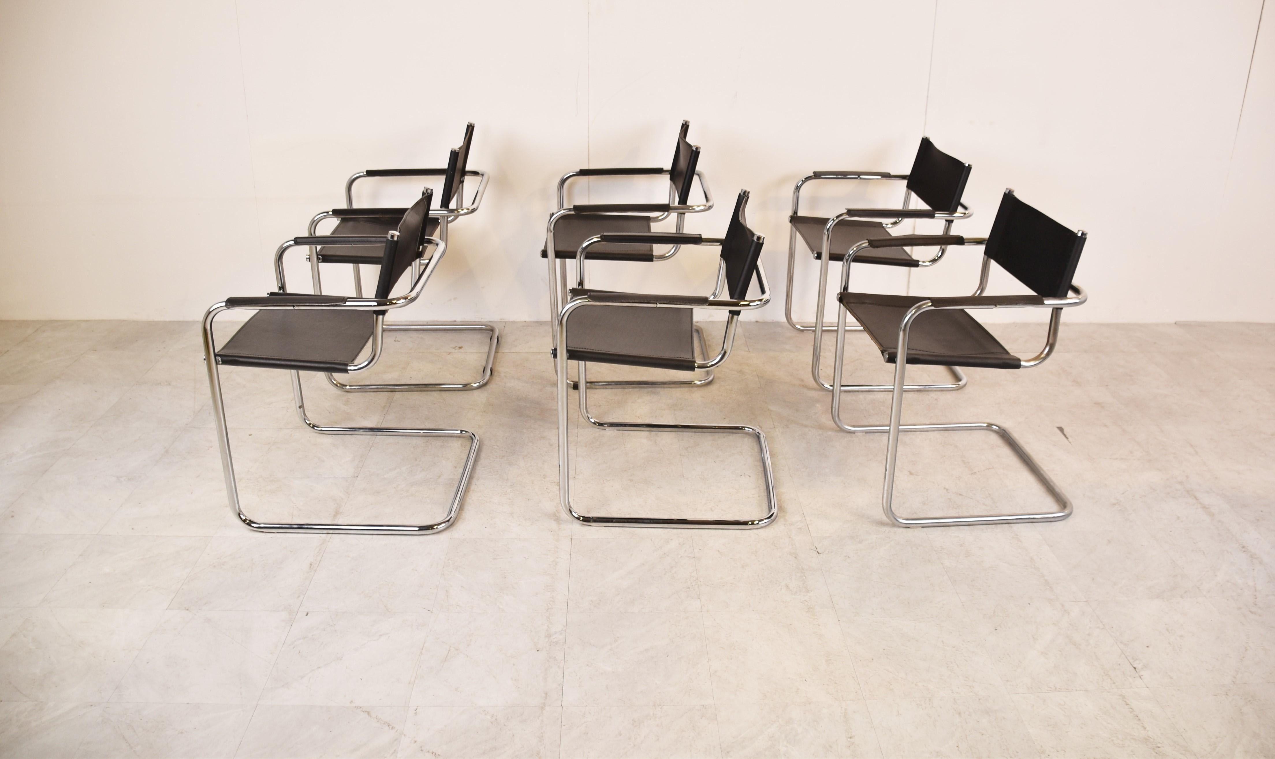 Italian Set of 6 Leather Cantilever Dining Chairs, 1970s