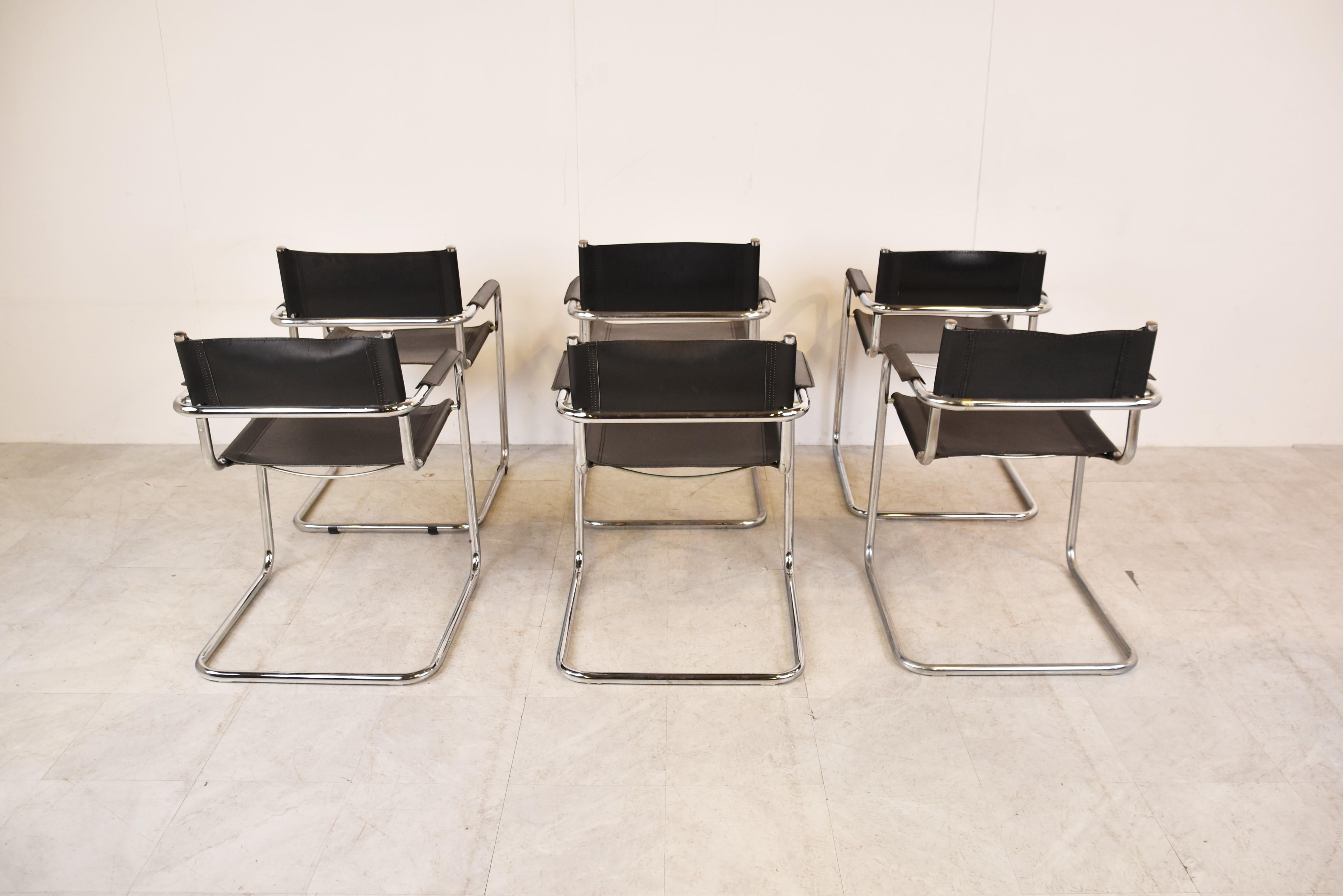 Late 20th Century Set of 6 Leather Cantilever Dining Chairs, 1970s