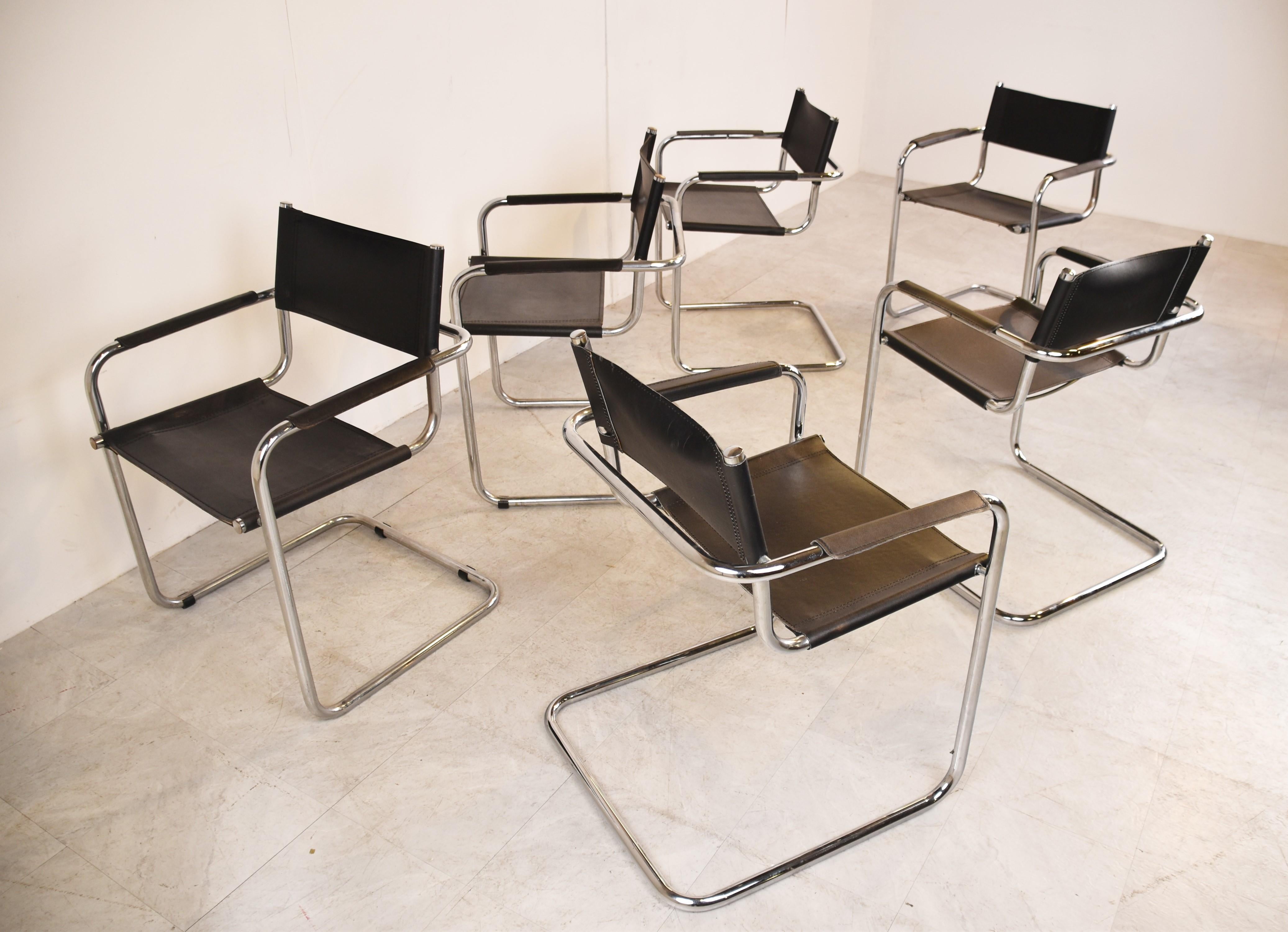 Set of 6 Leather Cantilever Dining Chairs, 1970s 1