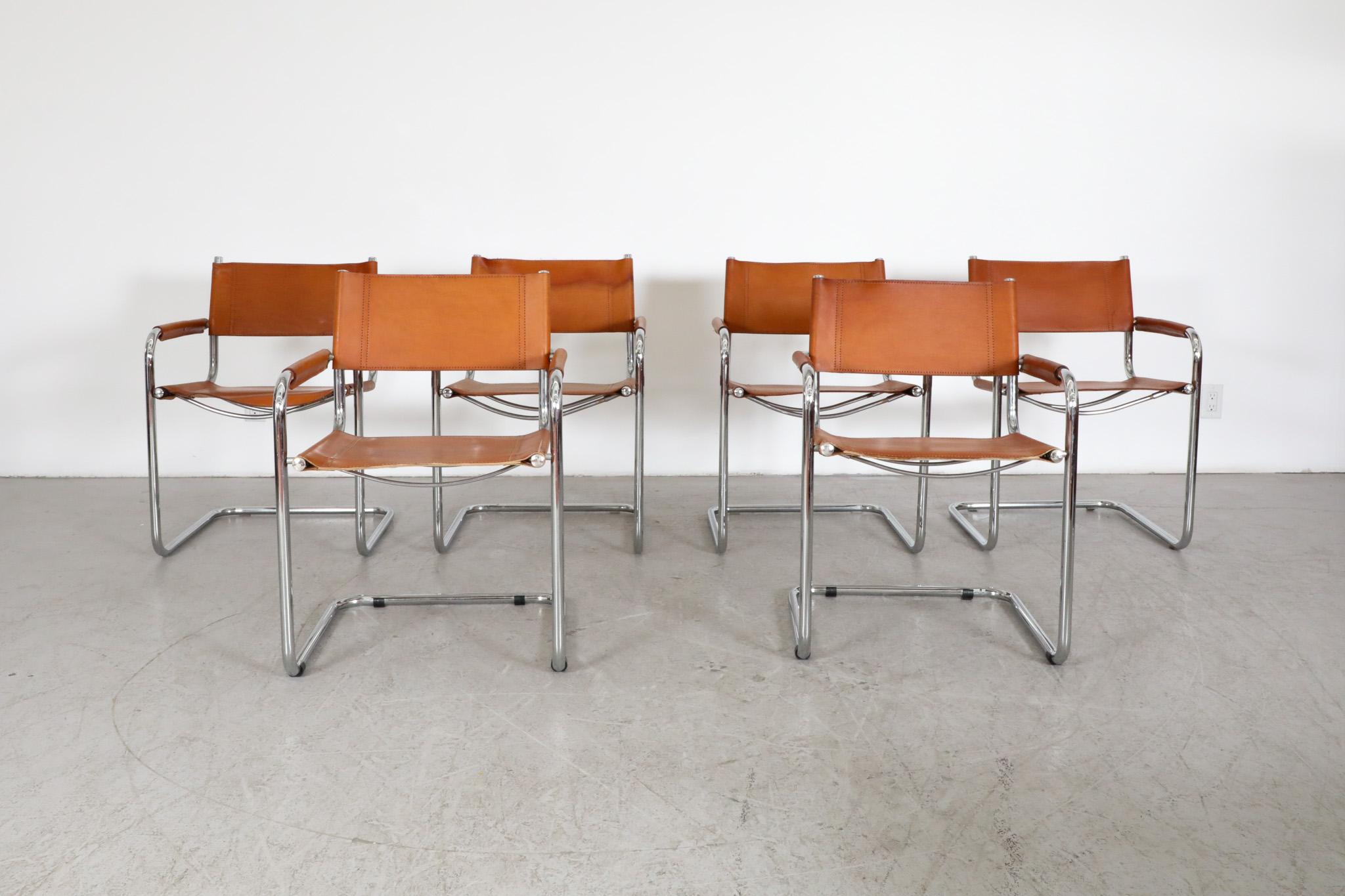 Set of 6 leather chairs by Mart Stam for Thonet, 1926. These cantilever armchairs have chrome frames and leather arms, backs and seats. In original condition with visible wear, including heavy patina consistent with their age and use. Sold as a set