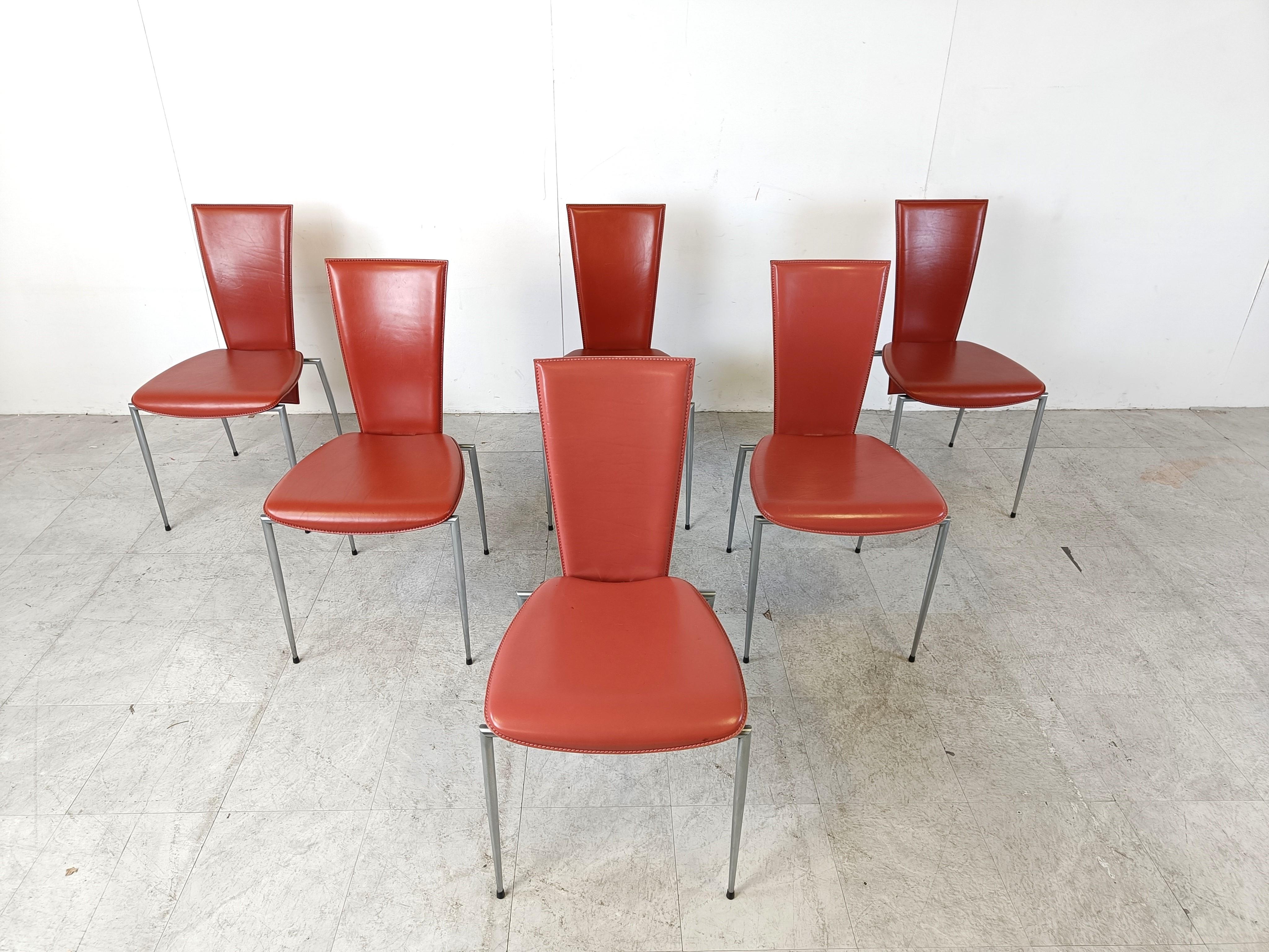 Italian Set of 6 leather dining chairs by Arrben Italy, 1980s