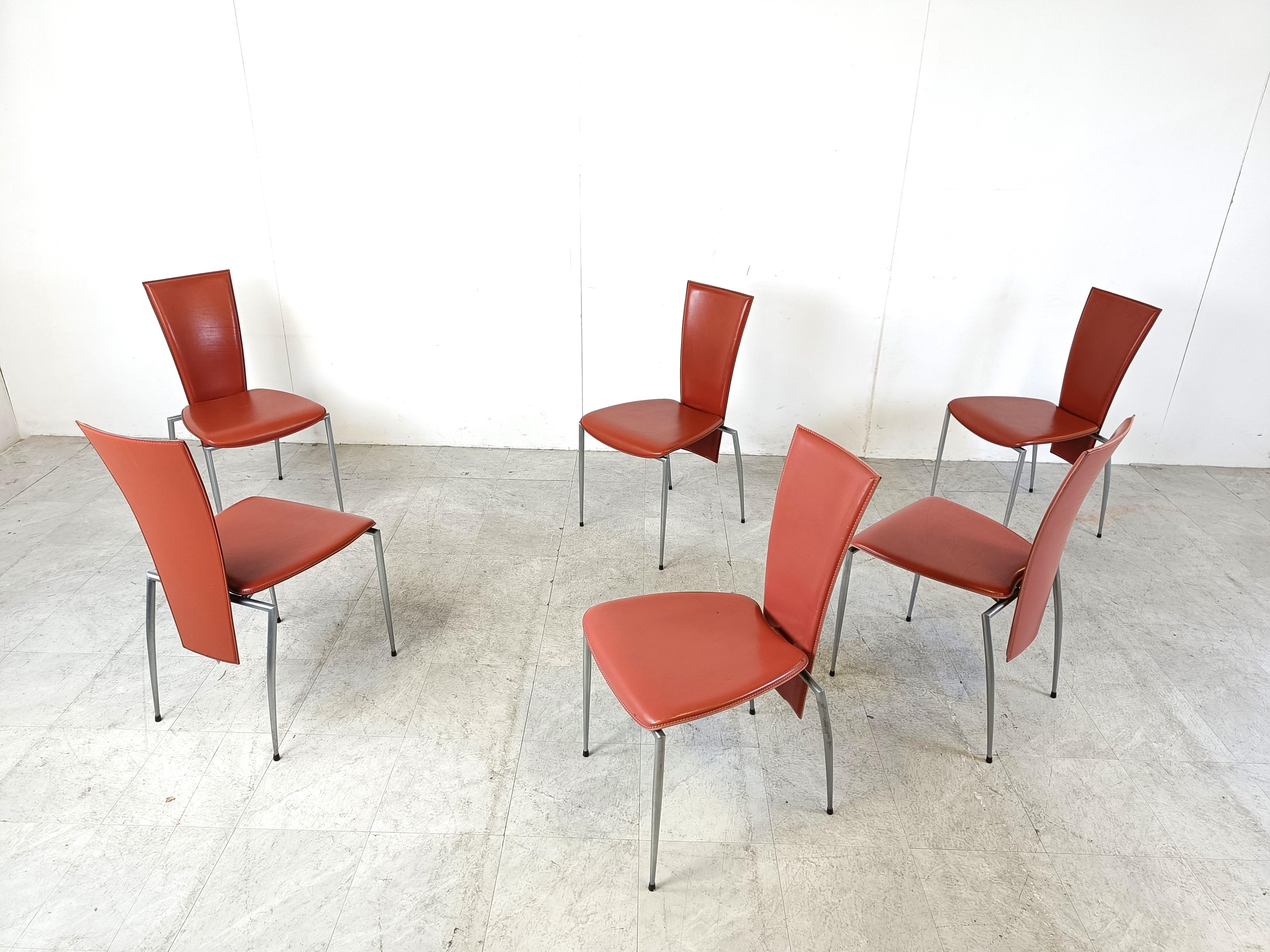 Metal Set of 6 leather dining chairs by Arrben Italy, 1980s