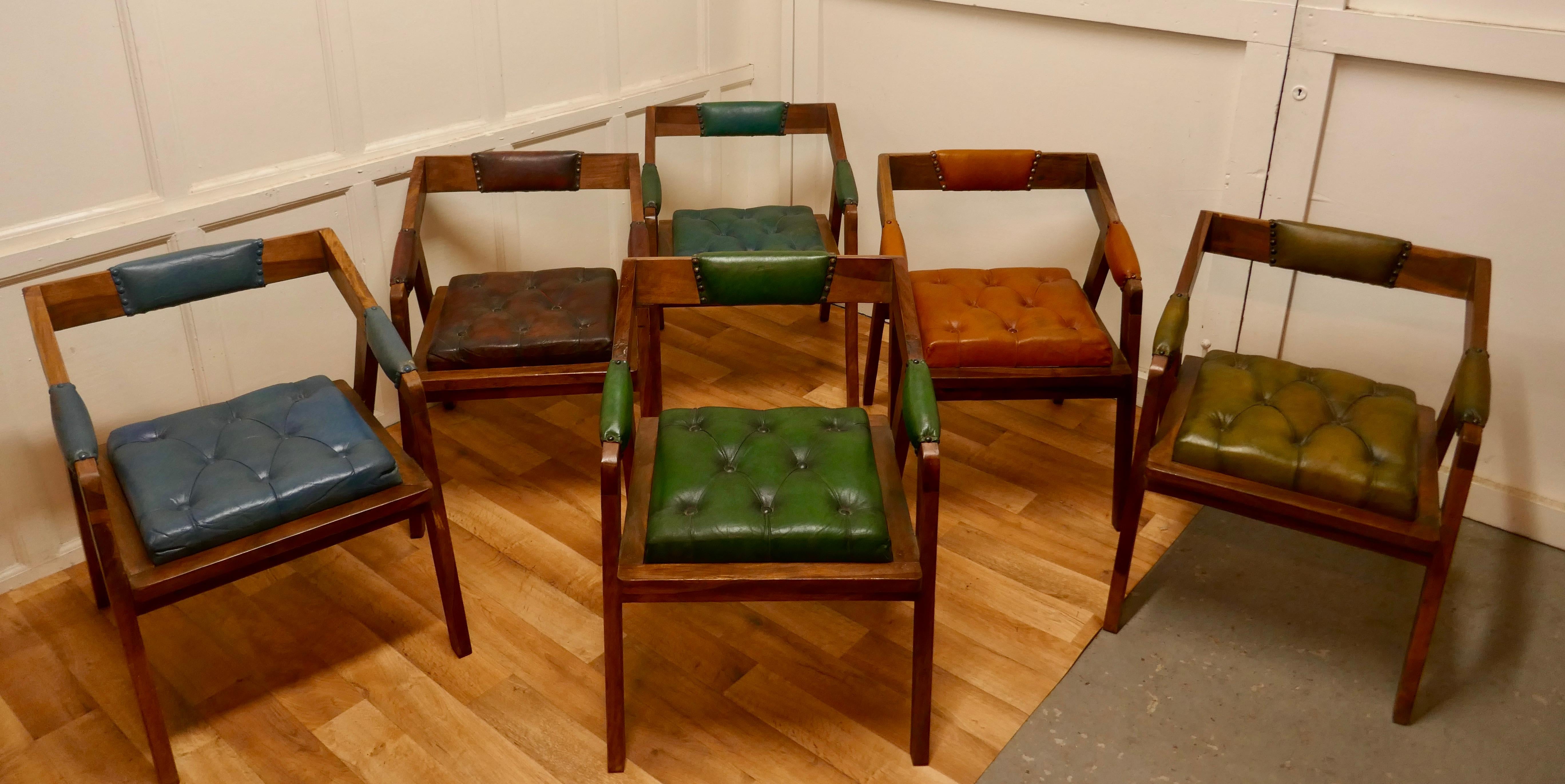 Mid-Century Modern Set of 6 Leather & Fruitwood Dining Chairs, Mid-Century Design
