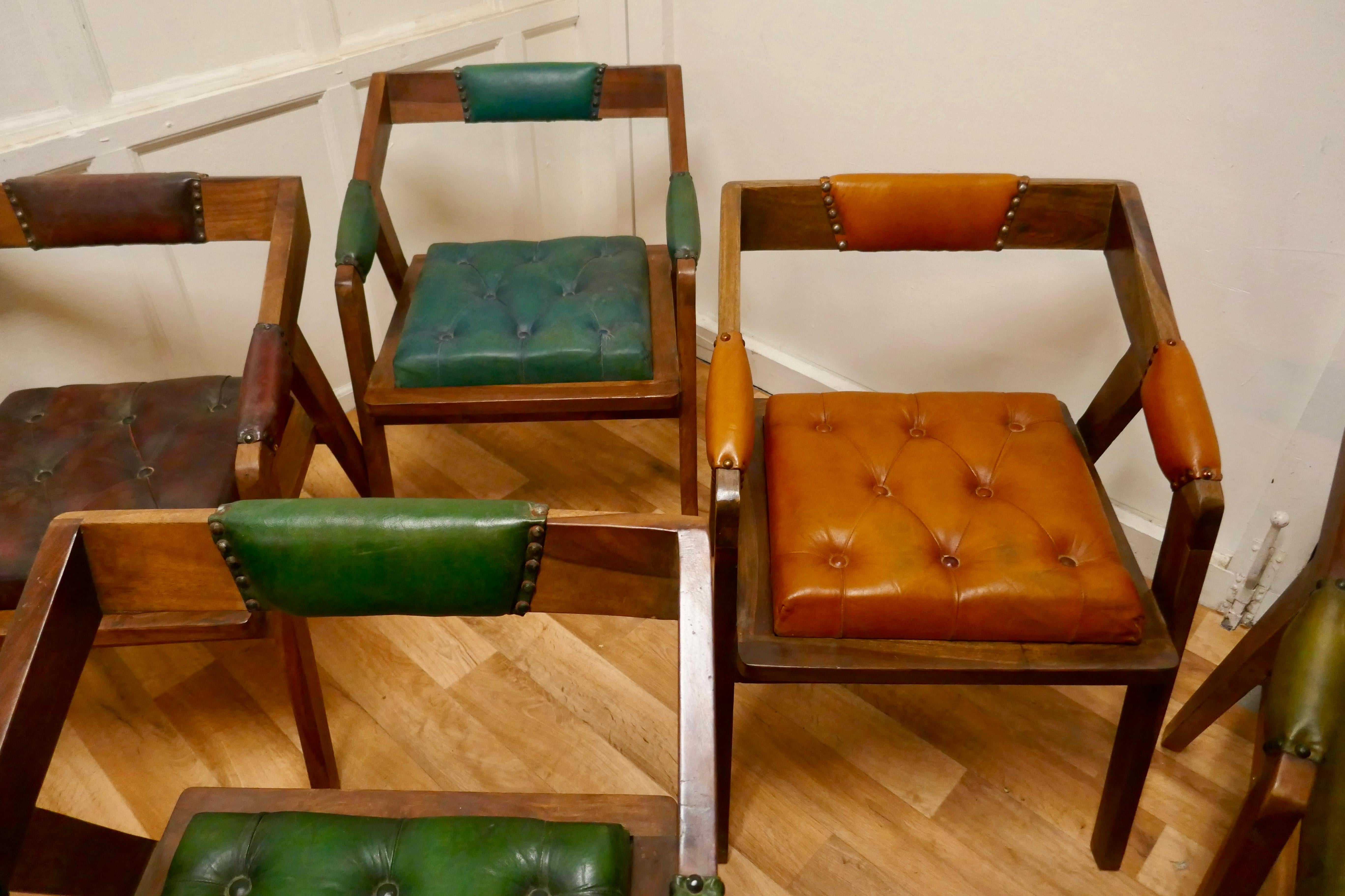 20th Century Set of 6 Leather & Fruitwood Dining Chairs, Mid-Century Design