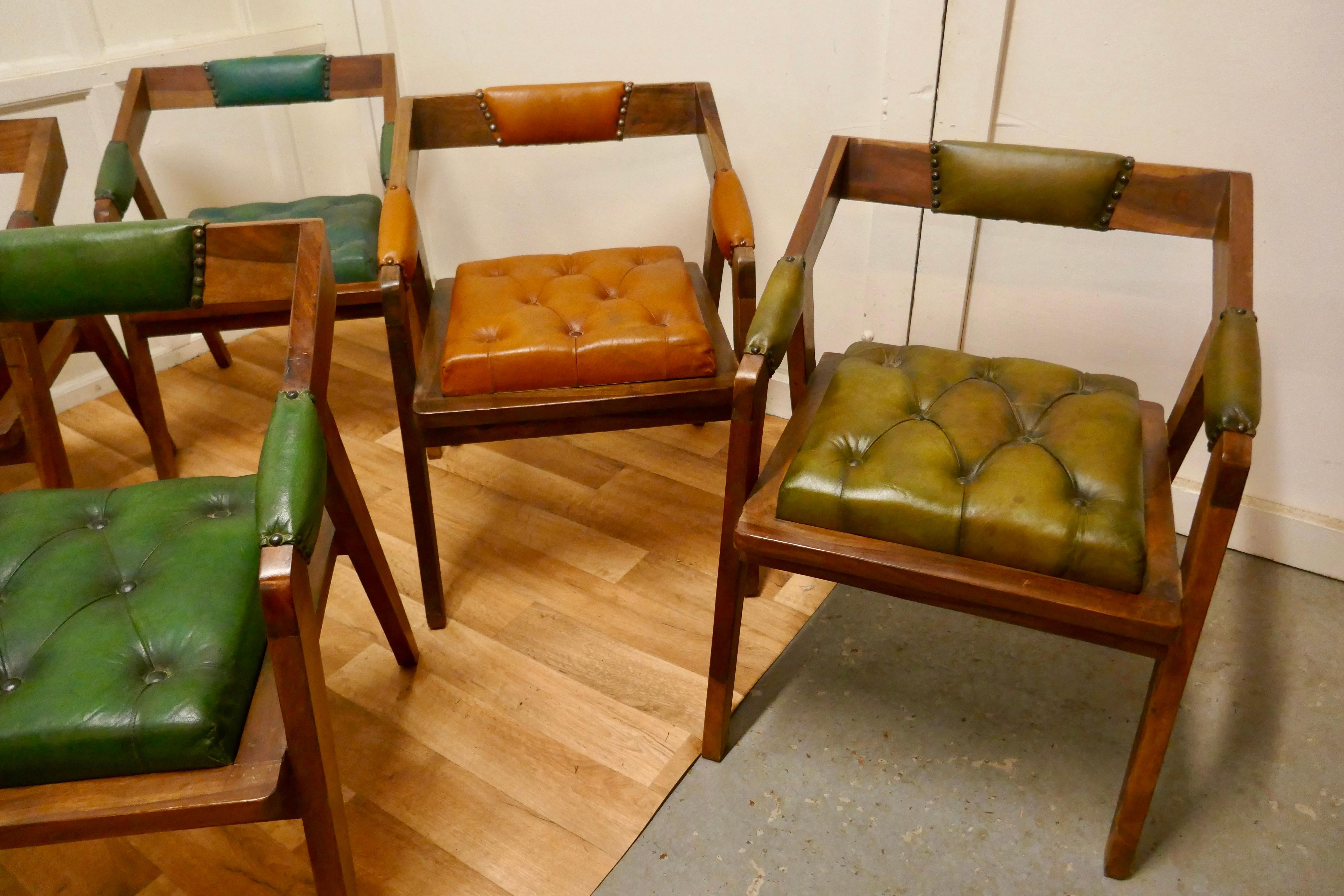 Set of 6 Leather & Fruitwood Dining Chairs, Mid-Century Design 1