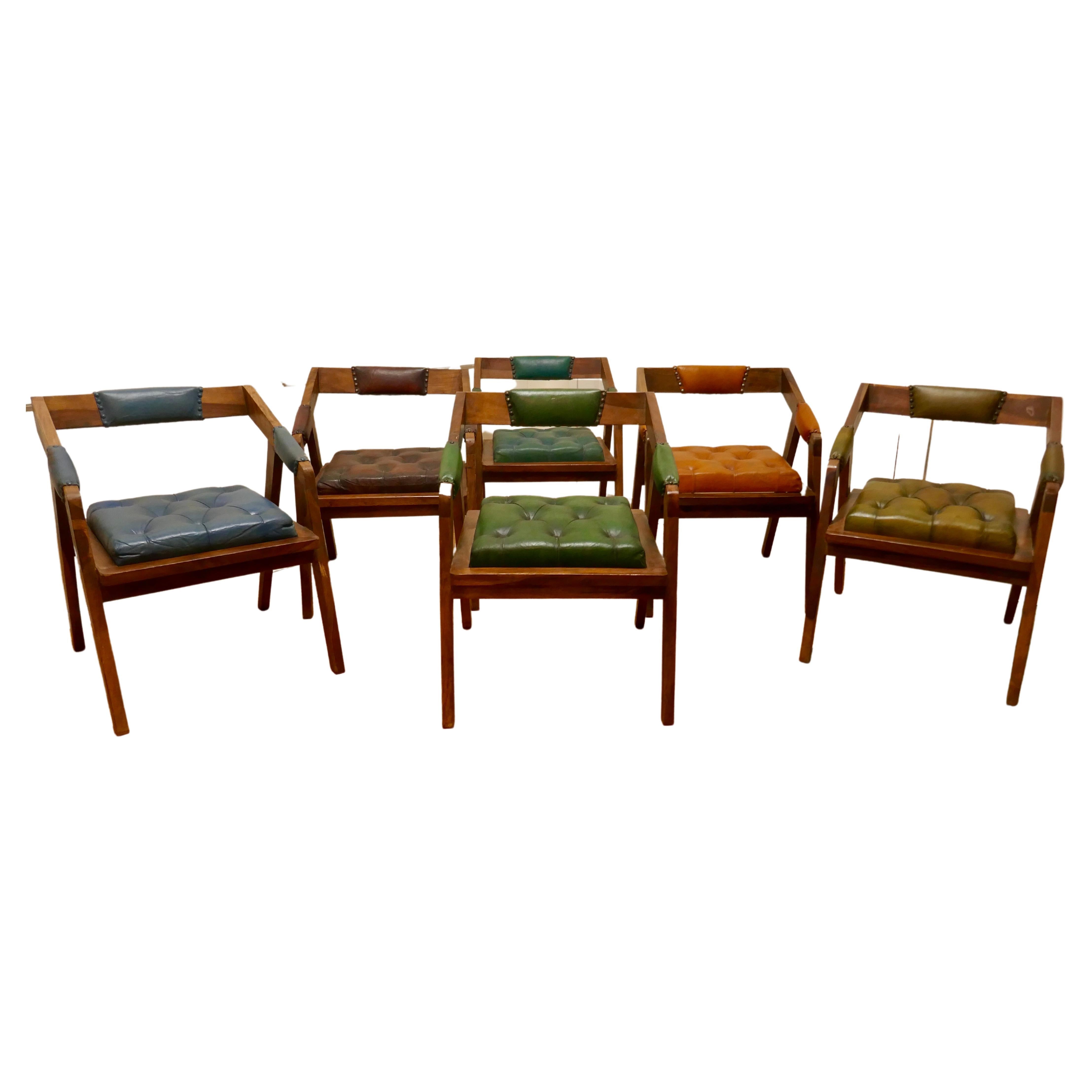 Set of 6 Leather & Fruitwood Dining Chairs, Mid-Century Design