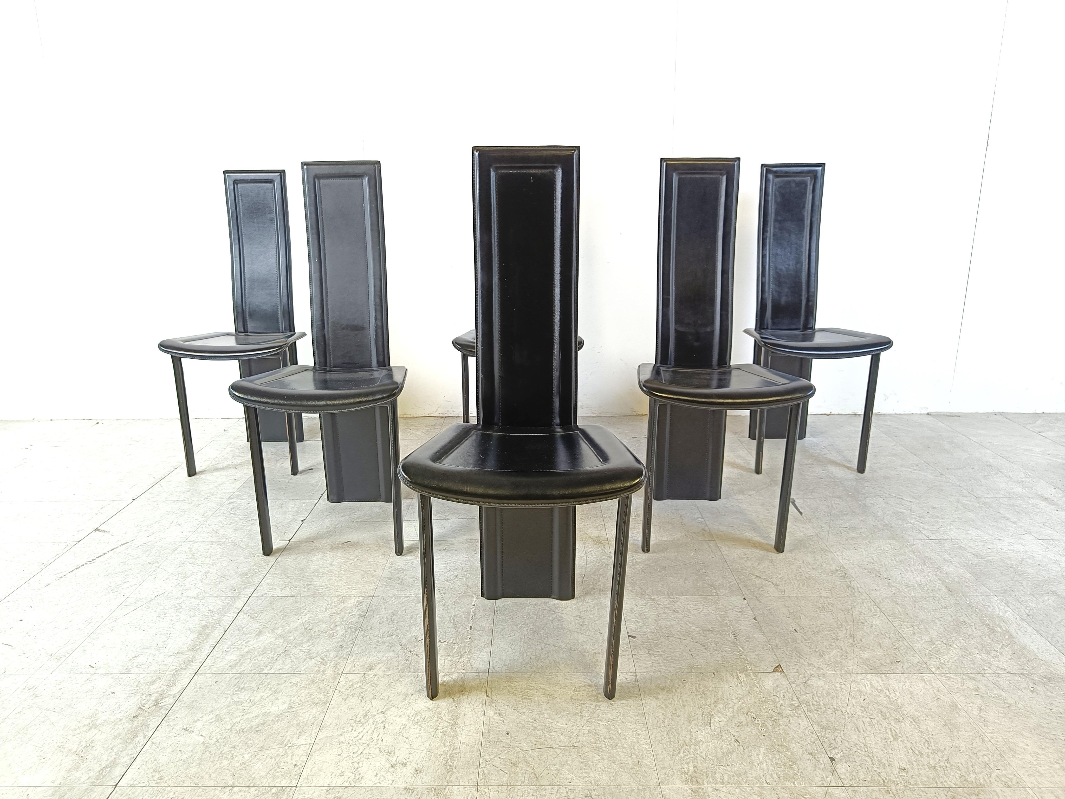 Post-Modern Set of 6 leather high back dining chairs, 1980s  For Sale