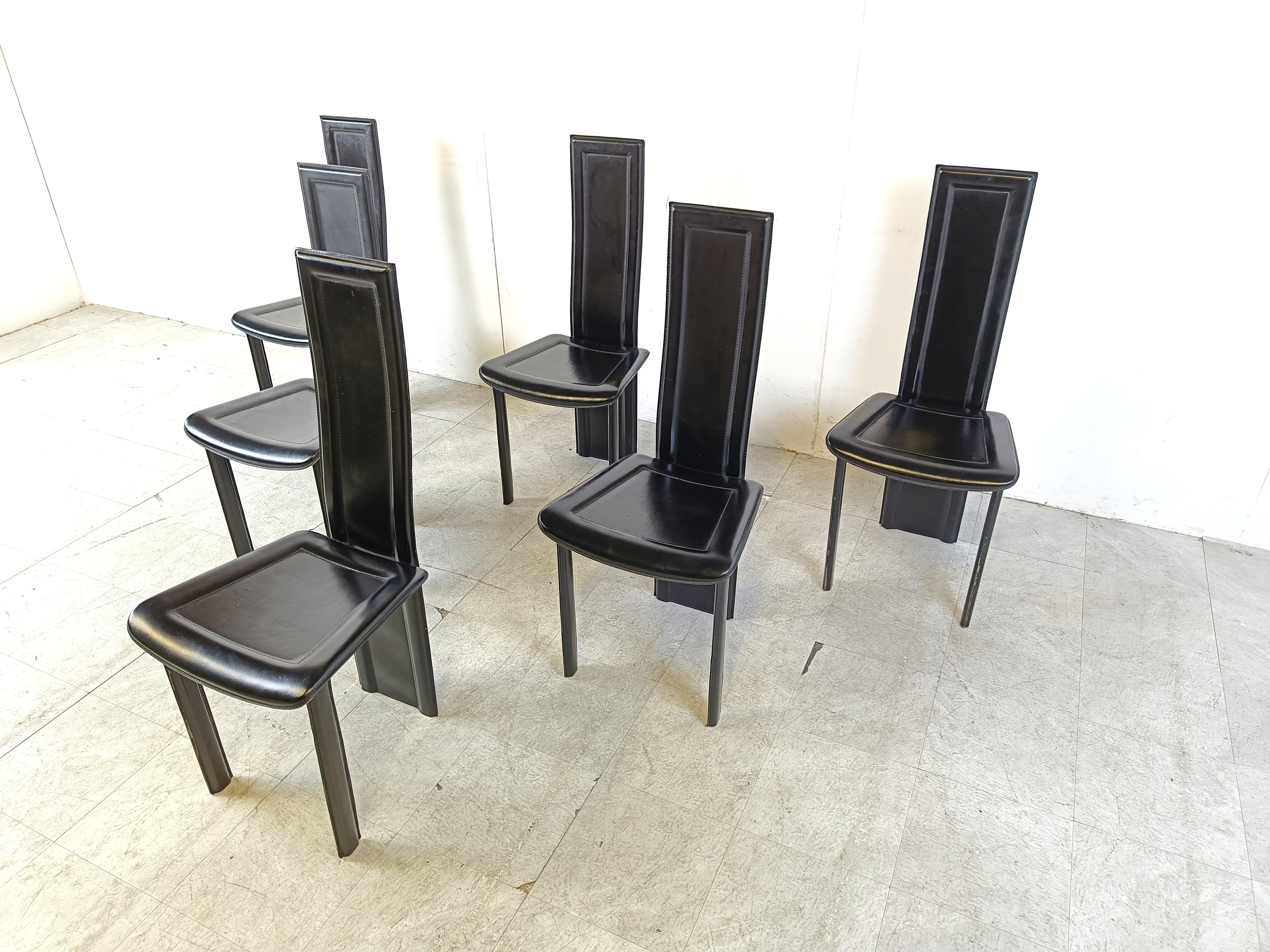 Set of 6 leather high back dining chairs, 1980s  In Good Condition For Sale In HEVERLEE, BE