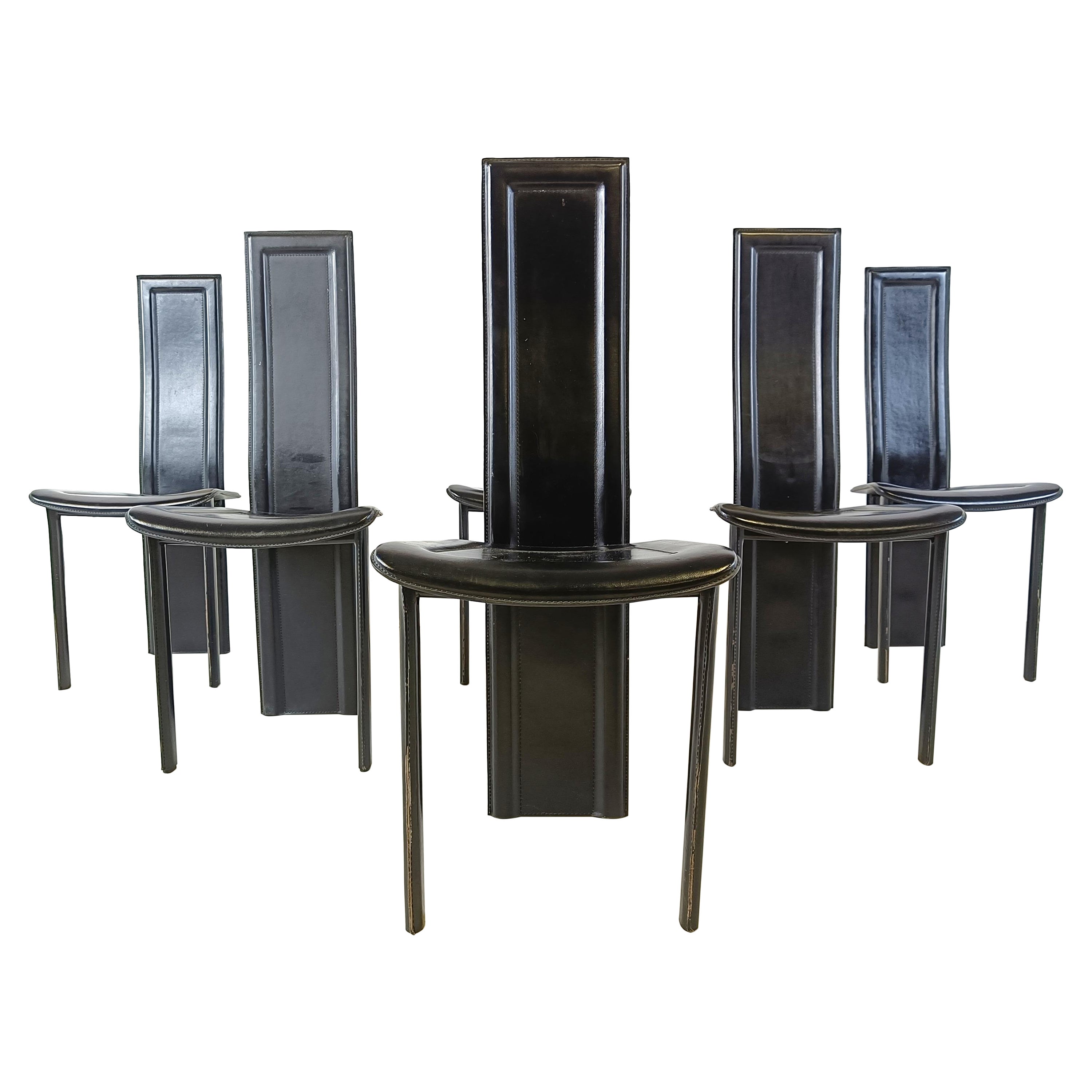 Set of 6 leather high back dining chairs, 1980s