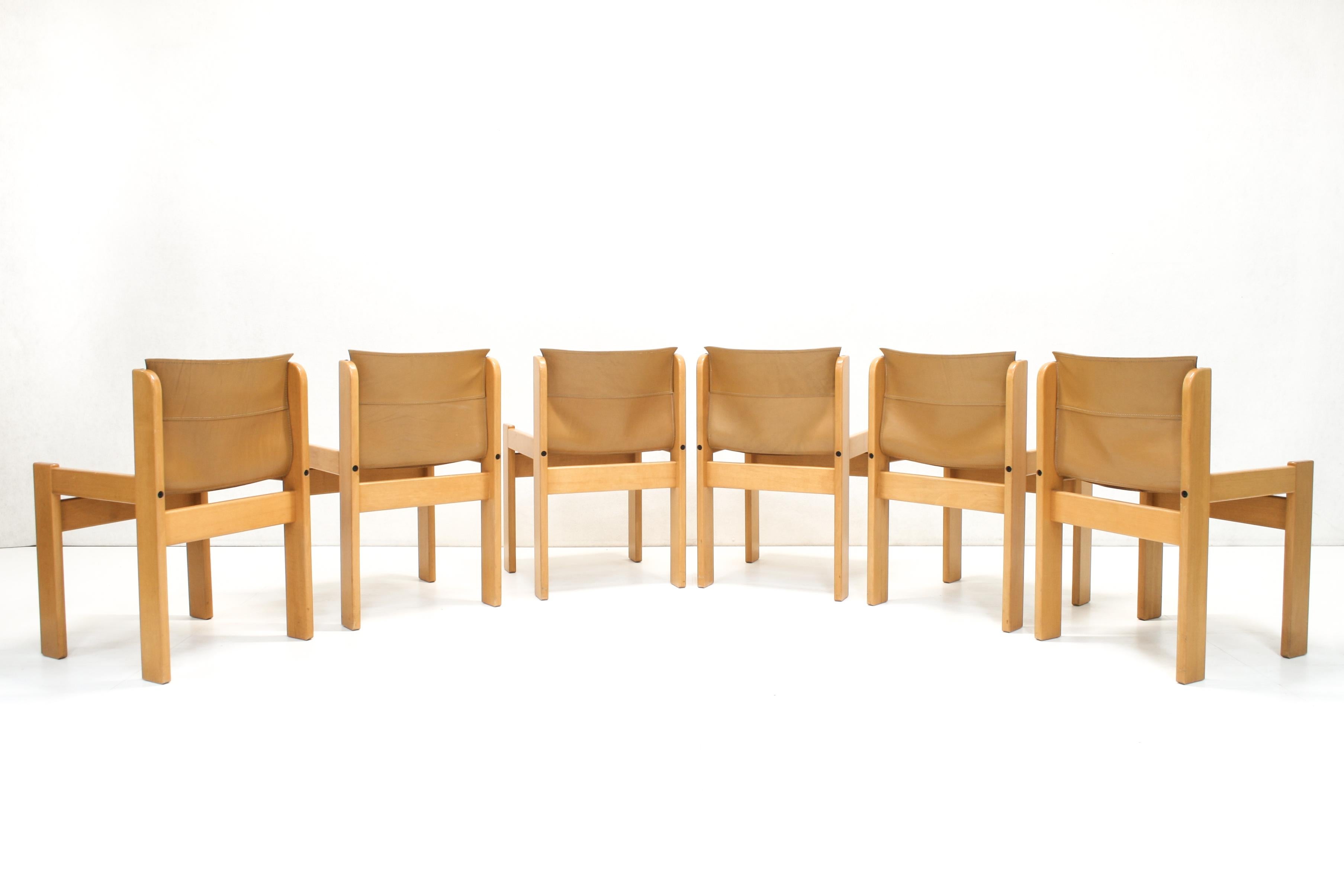 Mid-Century Modern Set of 6 Leather Sling Dining Chairs from Ibisco, Italy