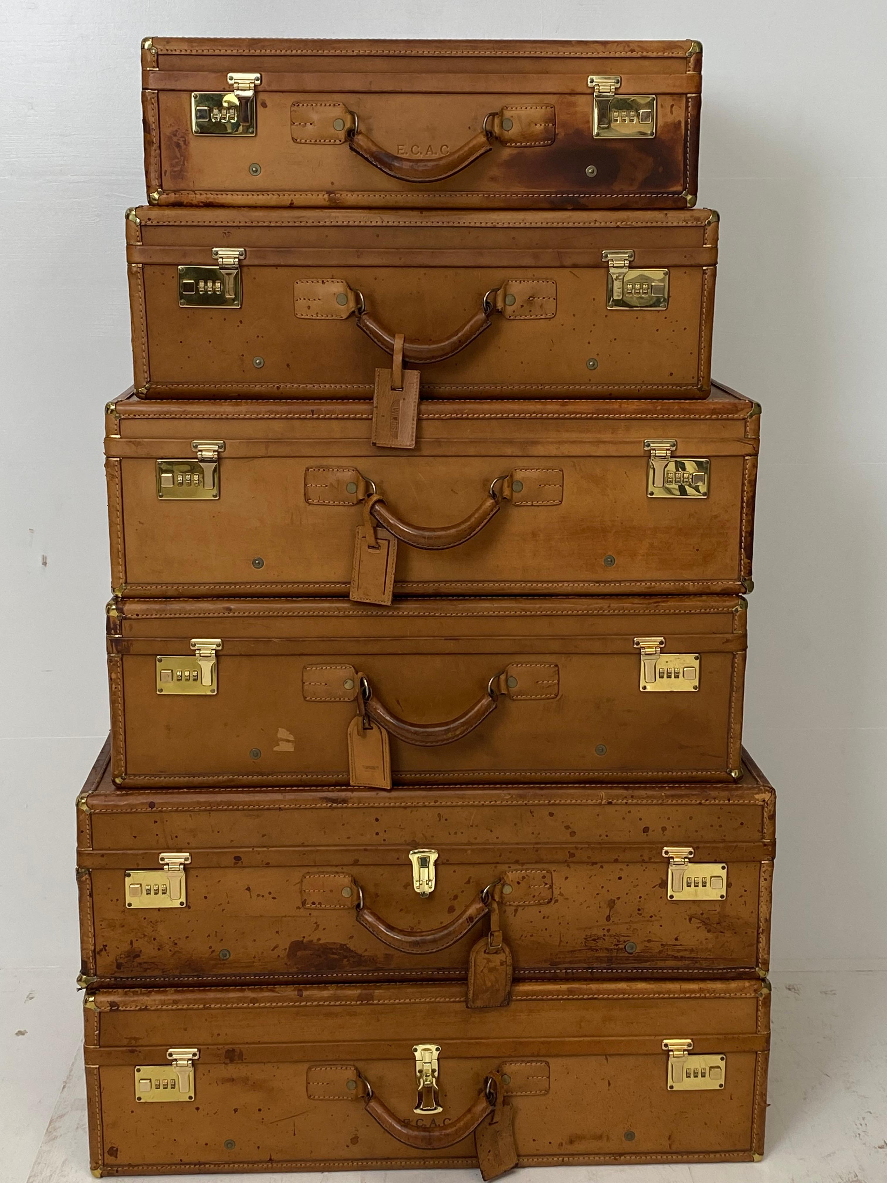 Patinated Vintage Set of 6 Leather Suitcases of the Greek Brand WINGS For Sale