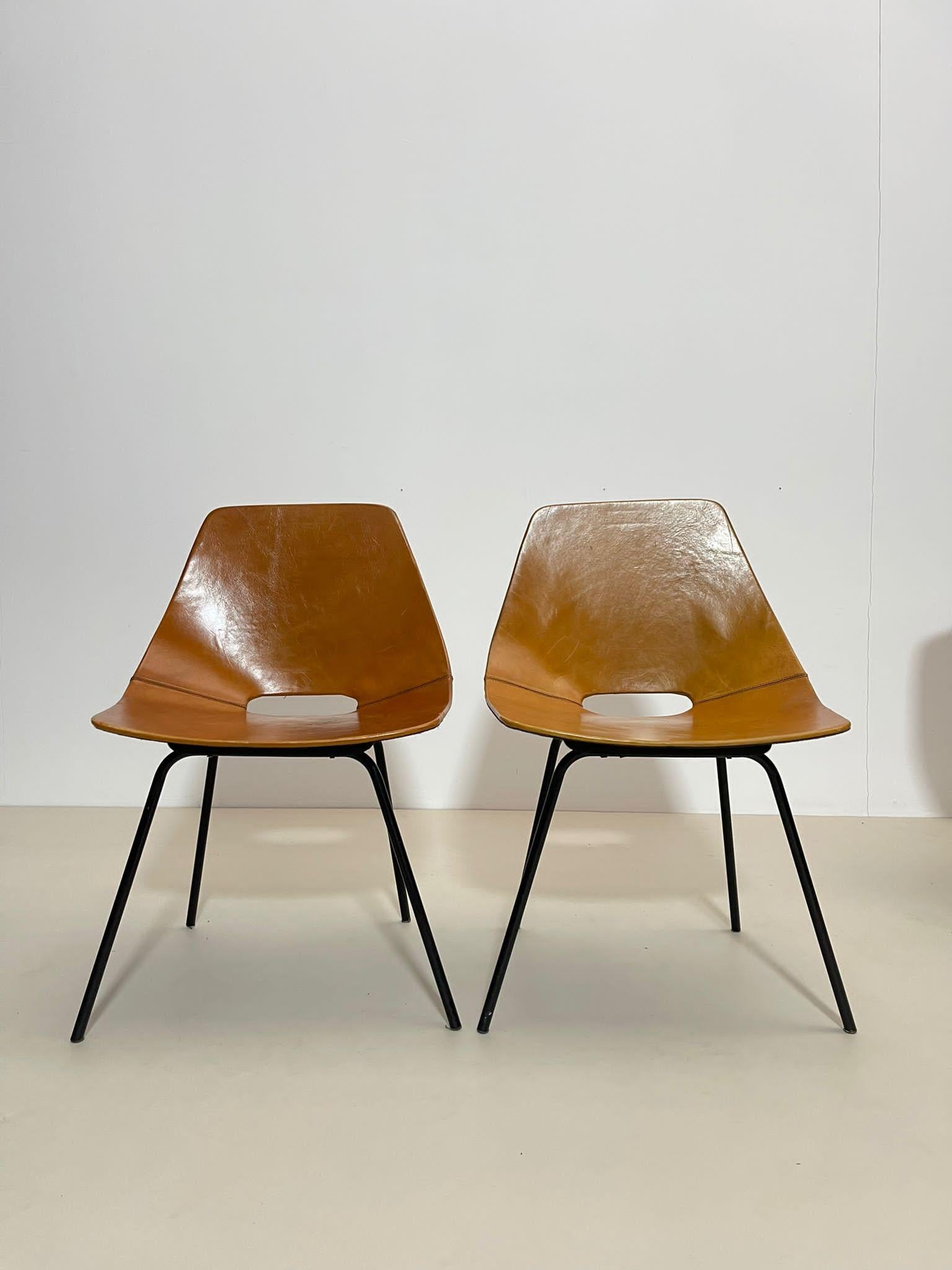 Set of 6 Leather Tonneau Chairs by Pierre Guariche, 1950s 7