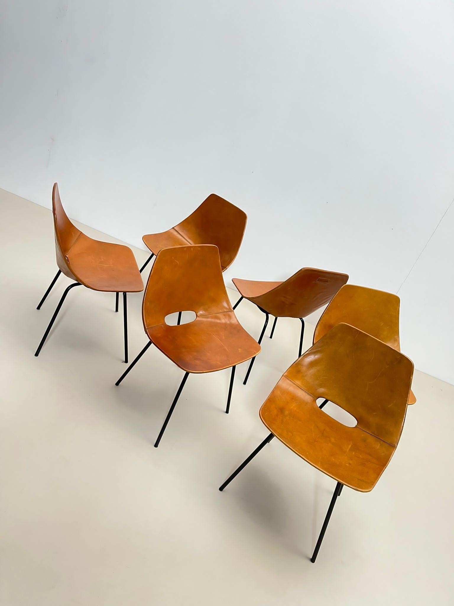 Set of 6 Leather Tonneau Chairs by Pierre Guariche, 1950s 1