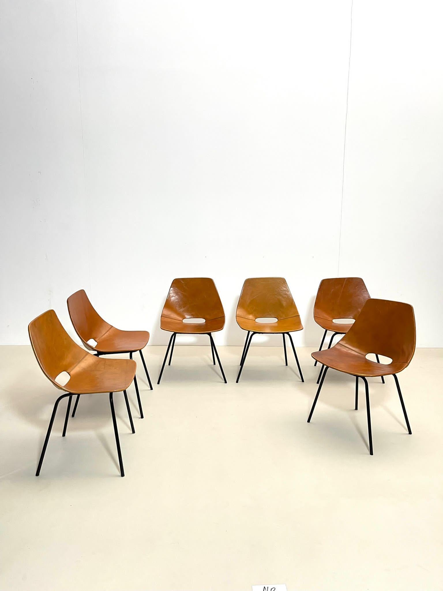 Set of 6 Leather Tonneau Chairs by Pierre Guariche, 1950s 2