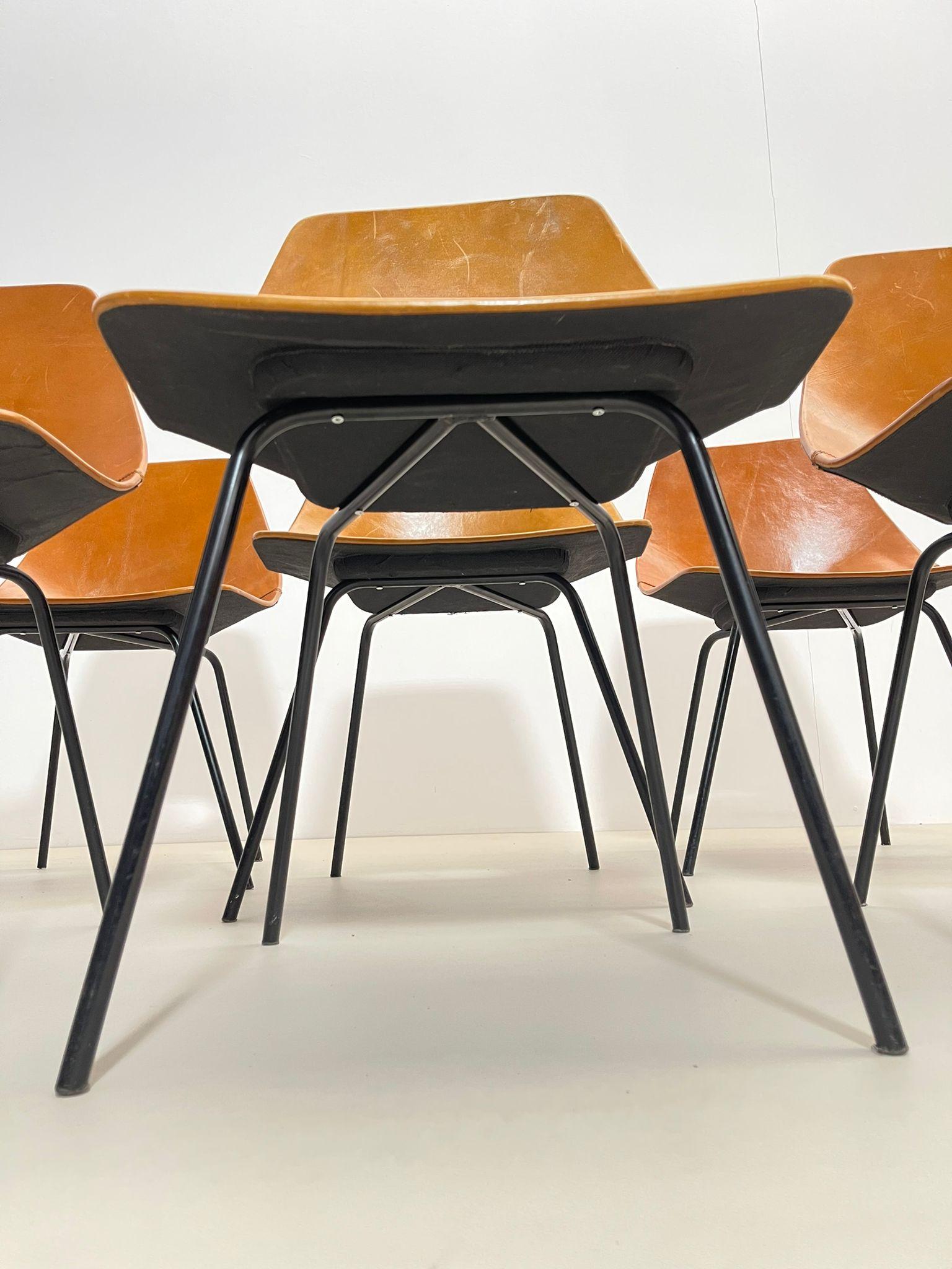 Set of 6 Leather Tonneau Chairs by Pierre Guariche, 1950s 3