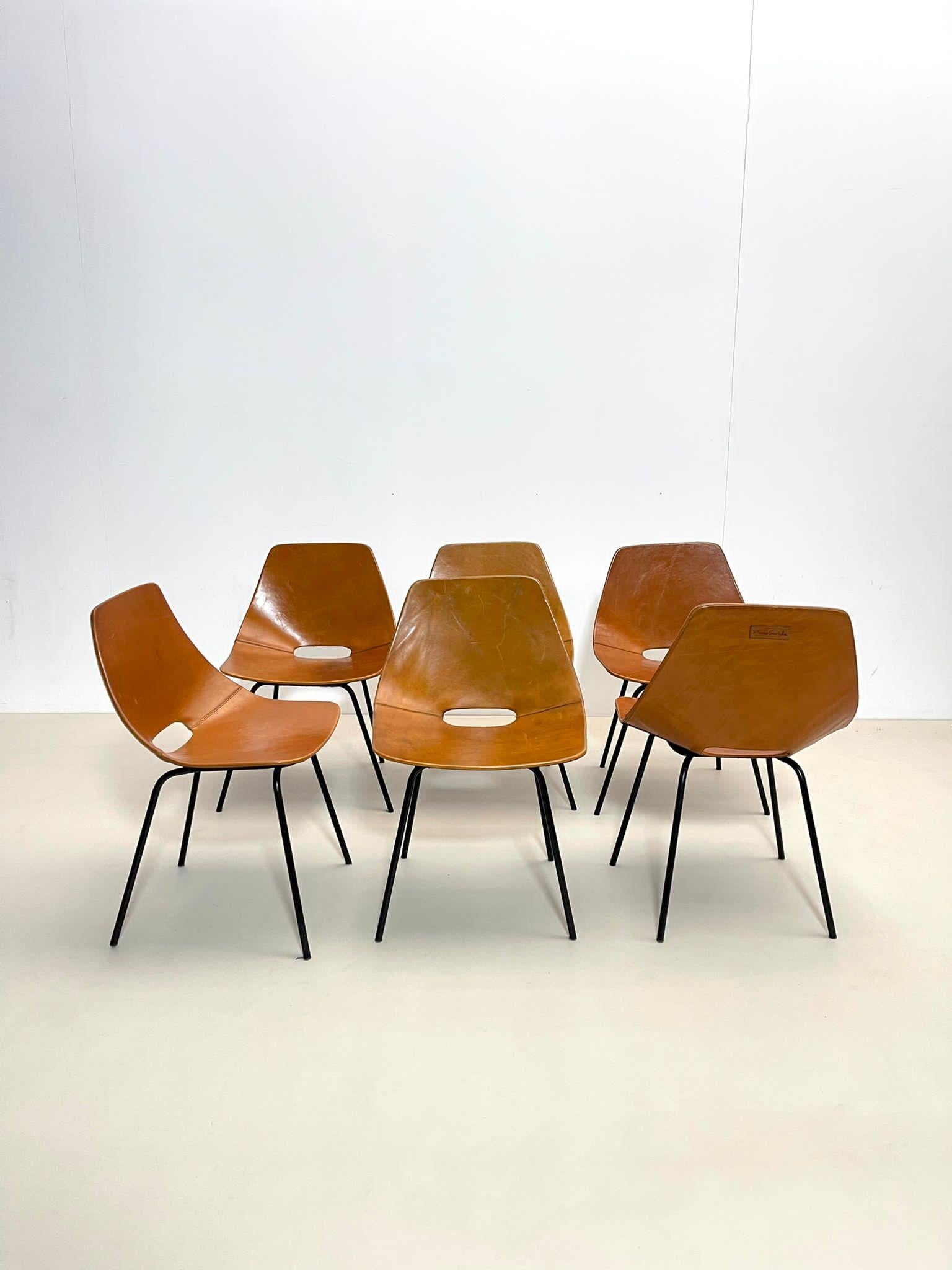 Set of 6 Leather Tonneau Chairs by Pierre Guariche, 1950s 4
