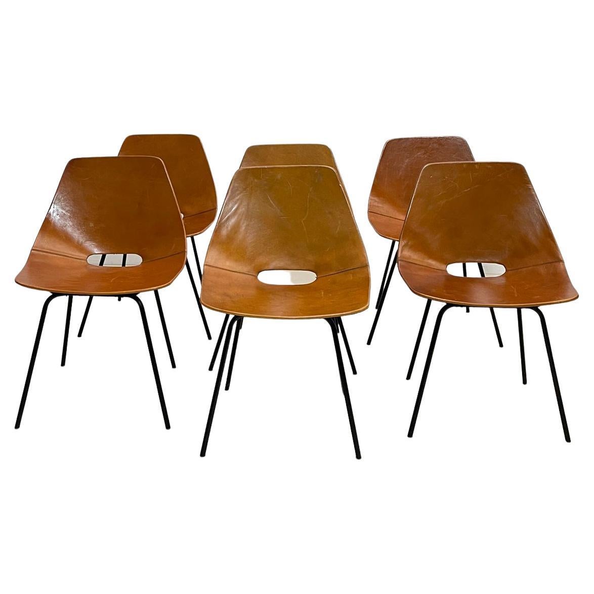 Set of 6 Leather Tonneau Chairs by Pierre Guariche, 1950s