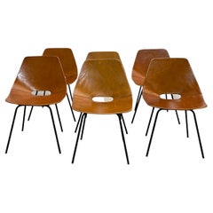 Set of 6 Leather Tonneau Chairs by Pierre Guariche, 1950s