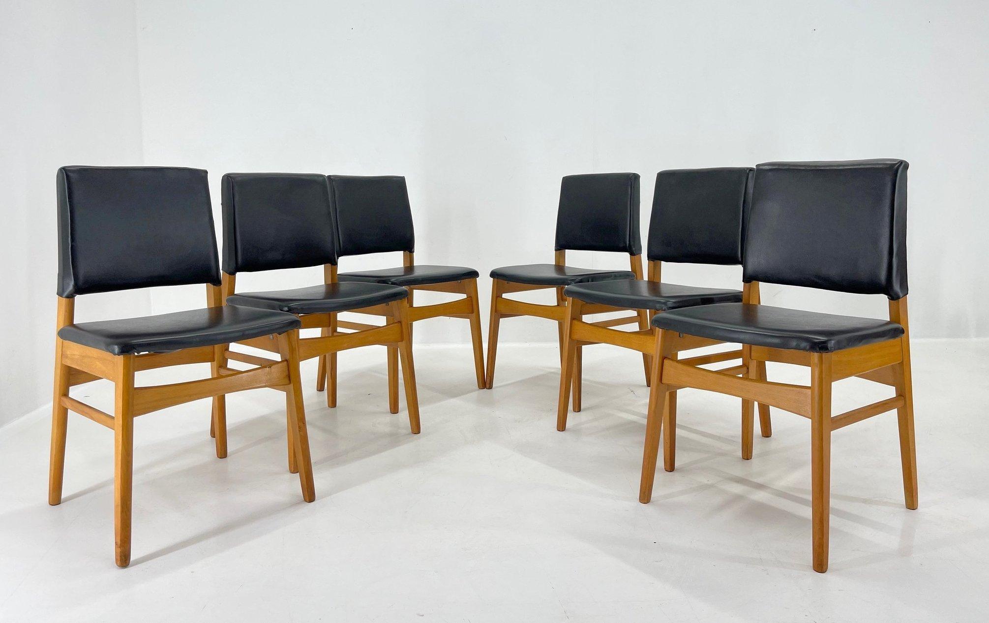 Set of 6 Leatherette & Wood Chairs, Czechoslovakia, 1960's For Sale 7